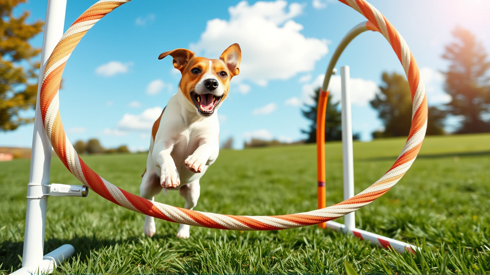Energetic Jack Russell Terrier jumping through an agility hoop outdoors on a sunny day, conveying fitness and weight management.