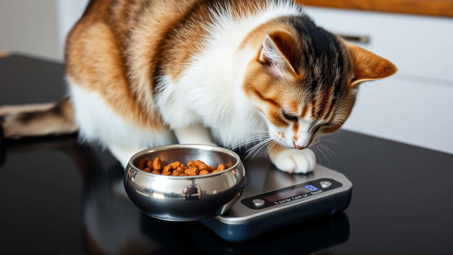 Overweight tabby cat eating a measured portion of wet food from a small stainless steel bowl placed on a digital kitchen scale.