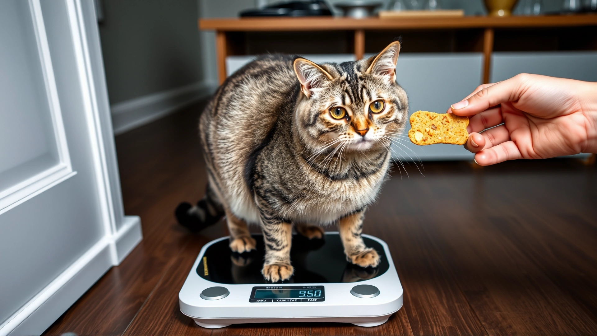 Indoor scene of a gray tabby cat standing on a digital pet scale; owner’s hand offering a healthy cat treat nearby.