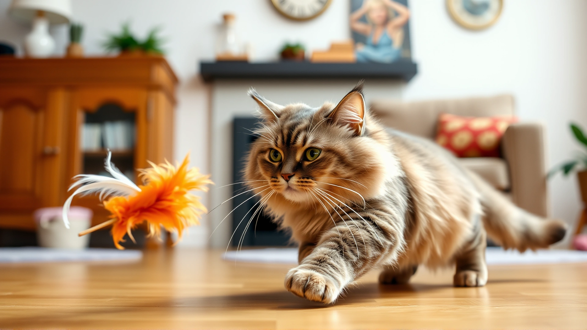 Playful overweight cat chasing a feather toy in a living room, showing active lifestyle encouragement.