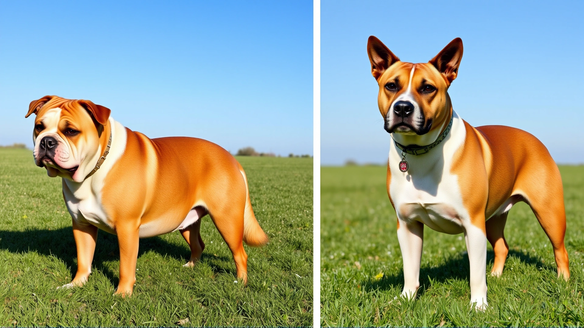 Side-by-side image: an overweight dog and a fit dog of the same breed standing on grass, sunny day.