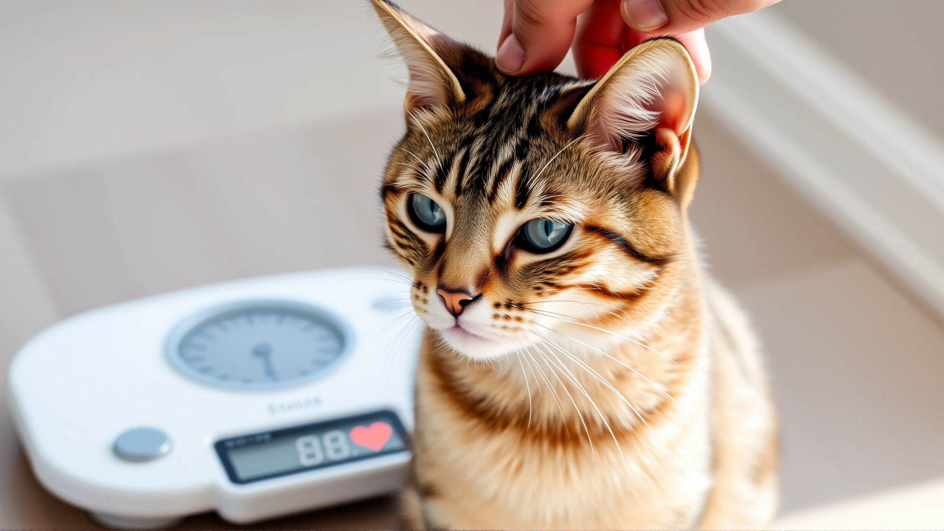 Close-up of a digital pet scale displaying the weight while a calm senior cat sits, owner hand adjusting the scale.