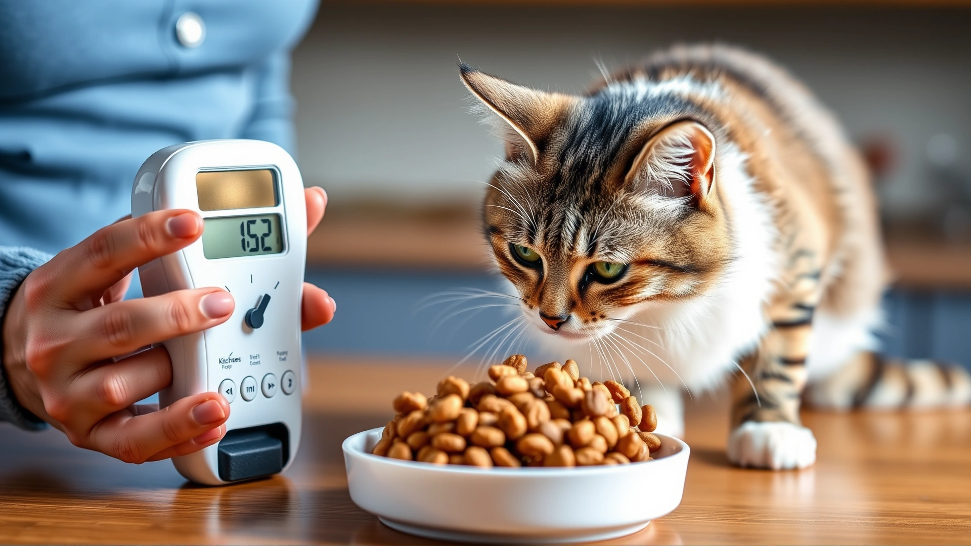 Pet owner holding a digital kitchen scale with a small bowl of kibble, curious cat sniffing, concept of portion control