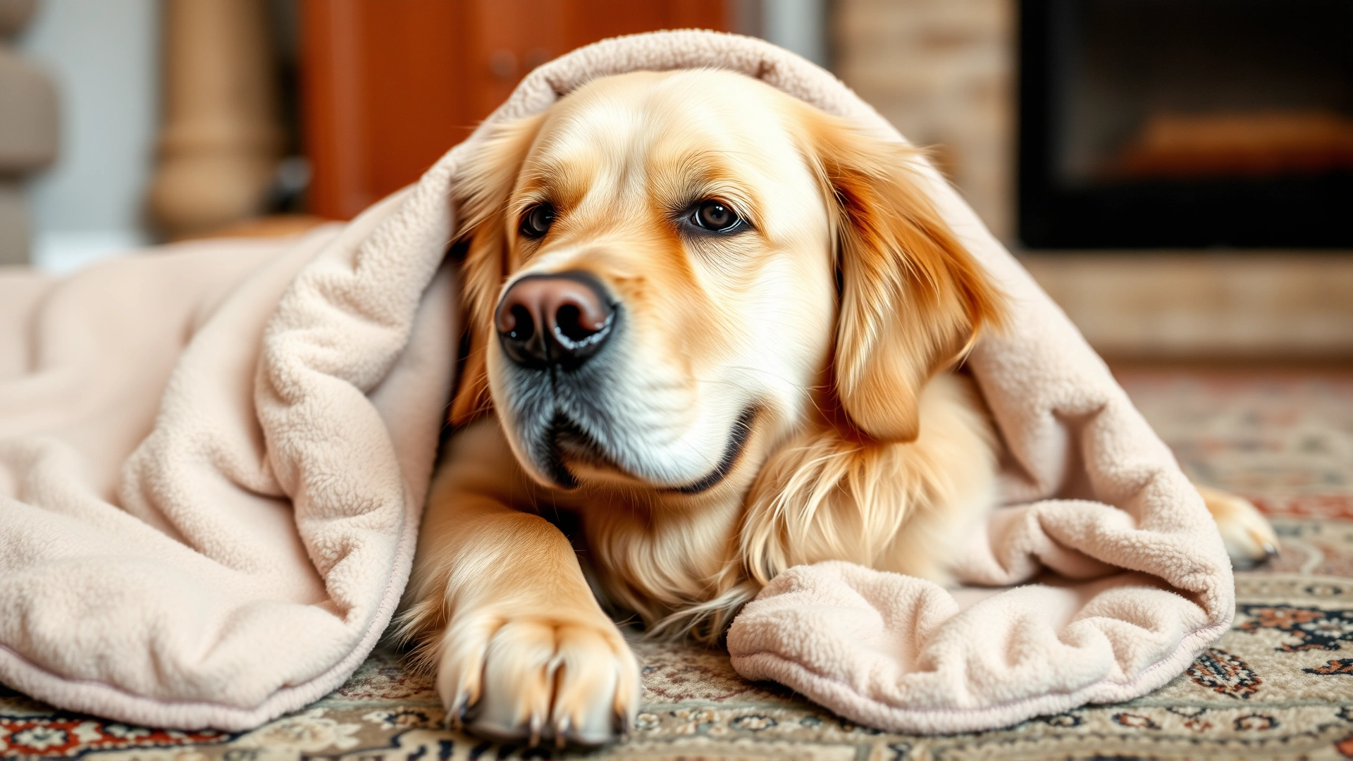 A cheerful golden retriever partially covered by a soft weighted blanket lying on a living room rug, looking calm and relaxed, no text.