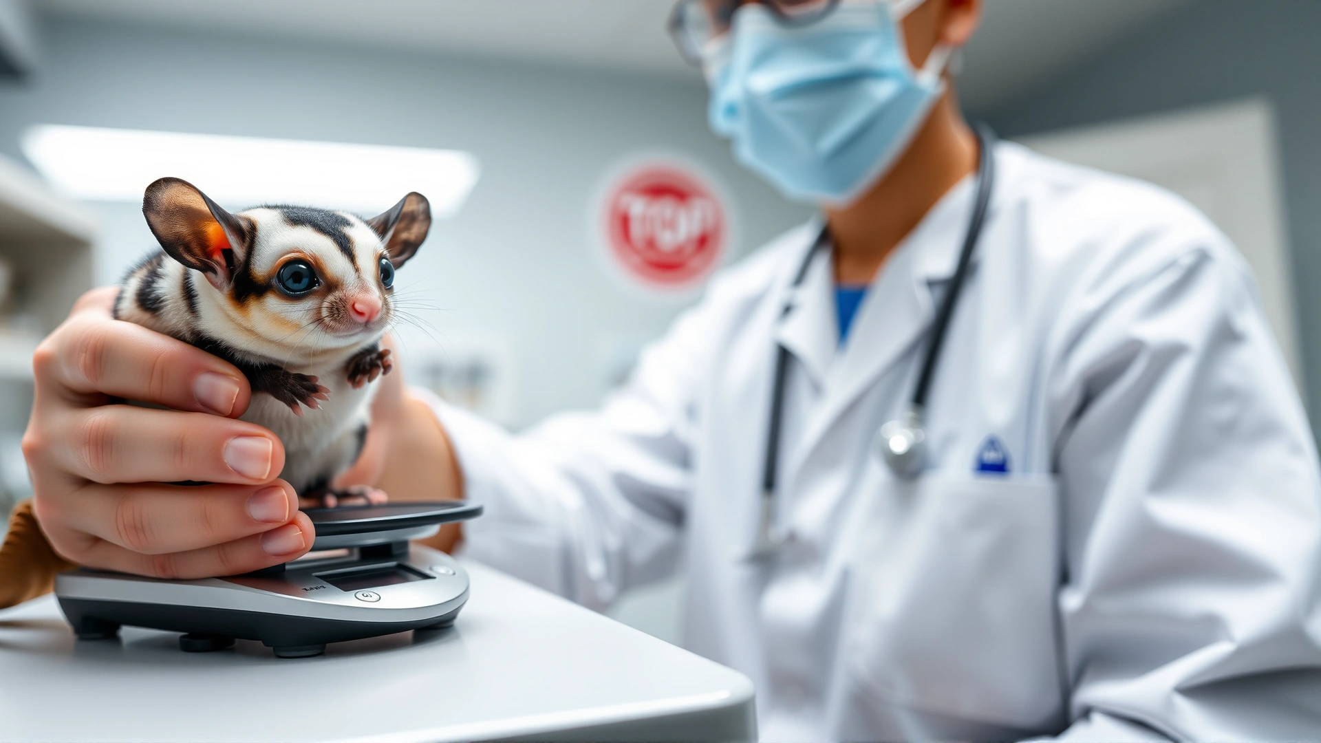 A veterinarian weighing a sugar glider on a small digital scale during a routine wellness check, clinic environment, clean and modern.
