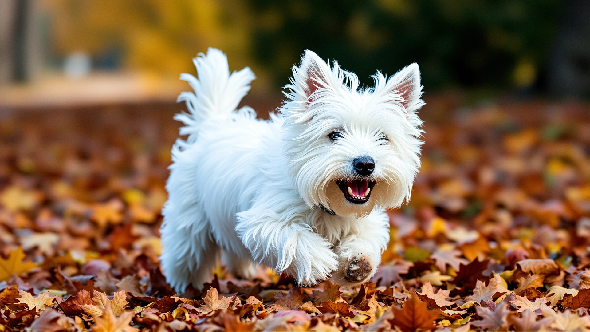 A playful West Highland White Terrier running through autumn leaves