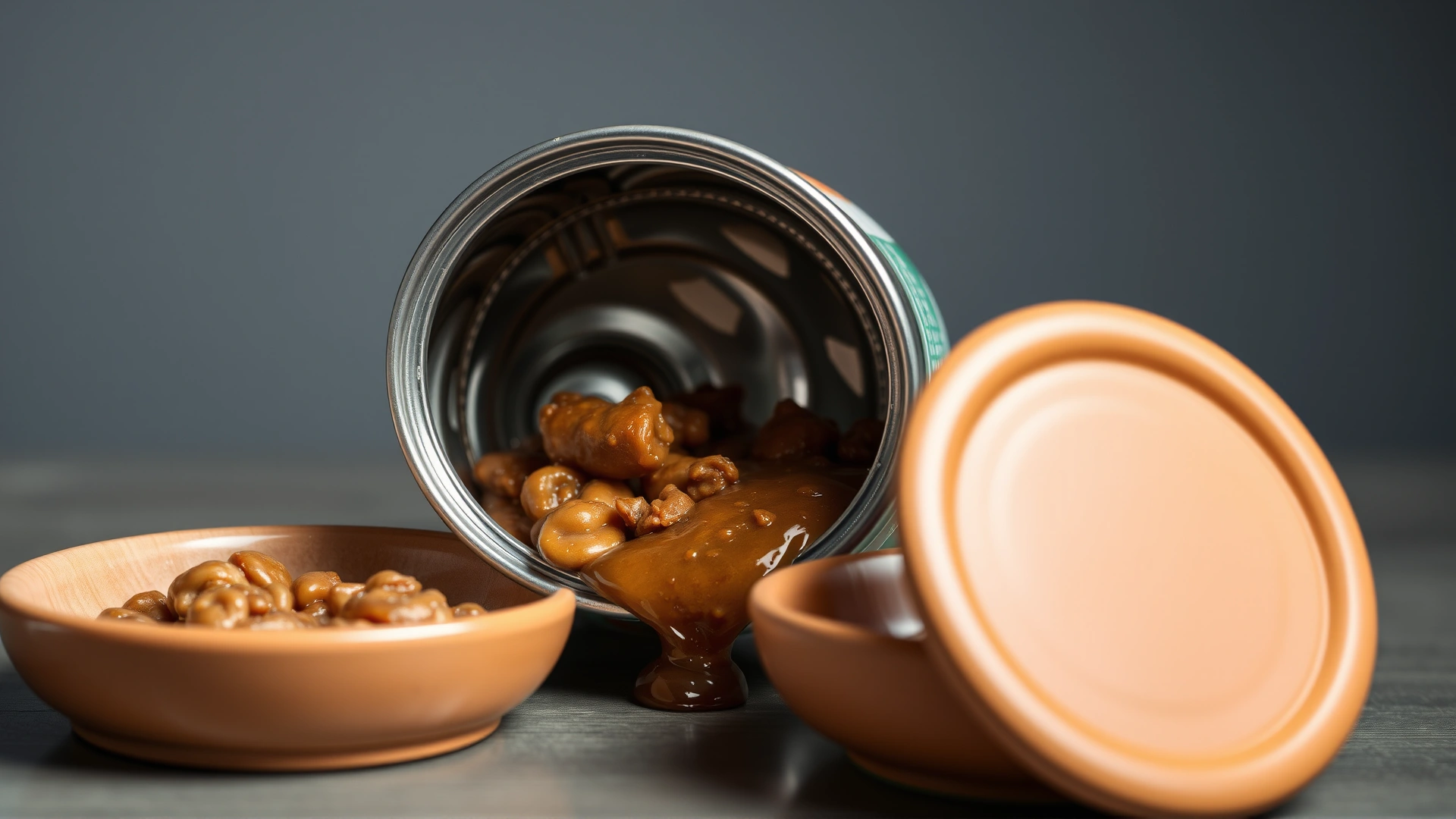An open can of wet kitten food poured into a small ceramic dish with visible meaty texture