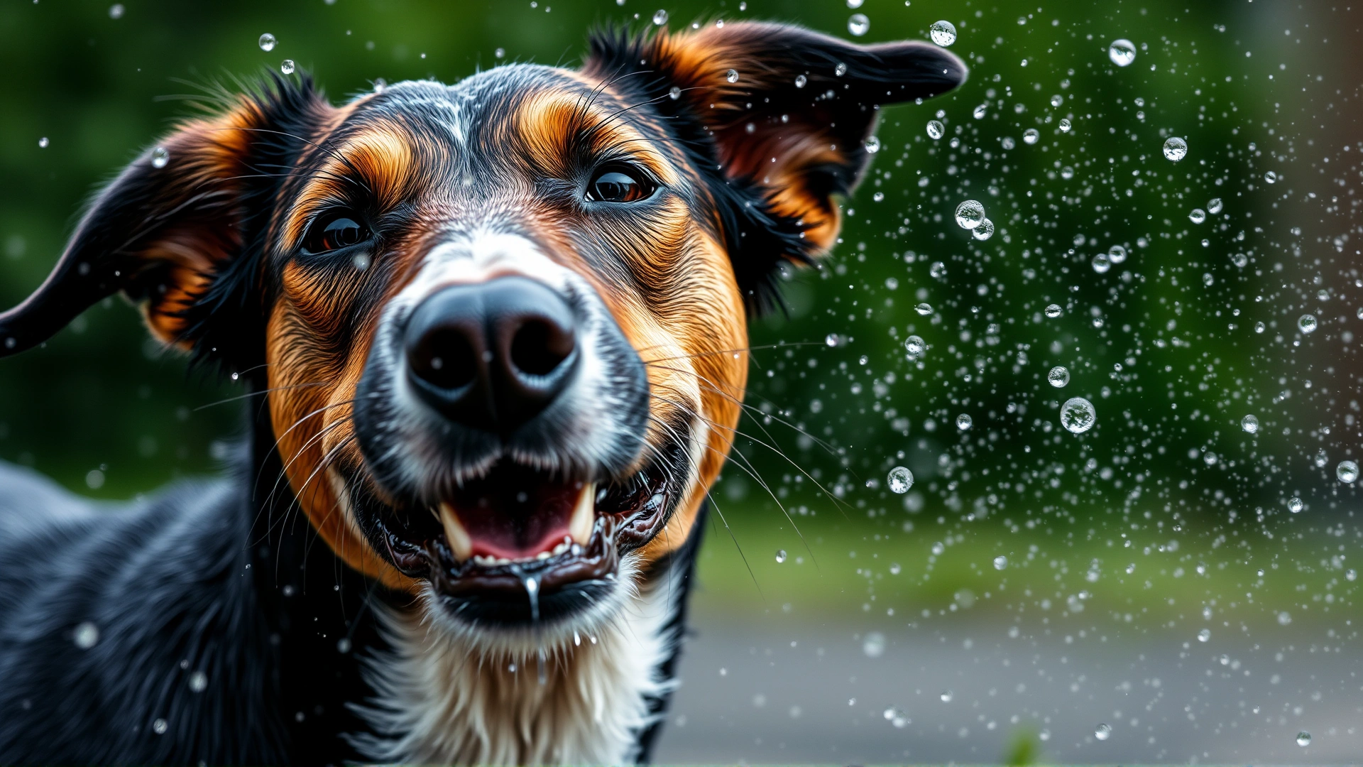 Close-up of a wet dog (medium-sized breed) shaking off water in slow-motion style, droplets suspended in the air, outdoor setting with blurred green background