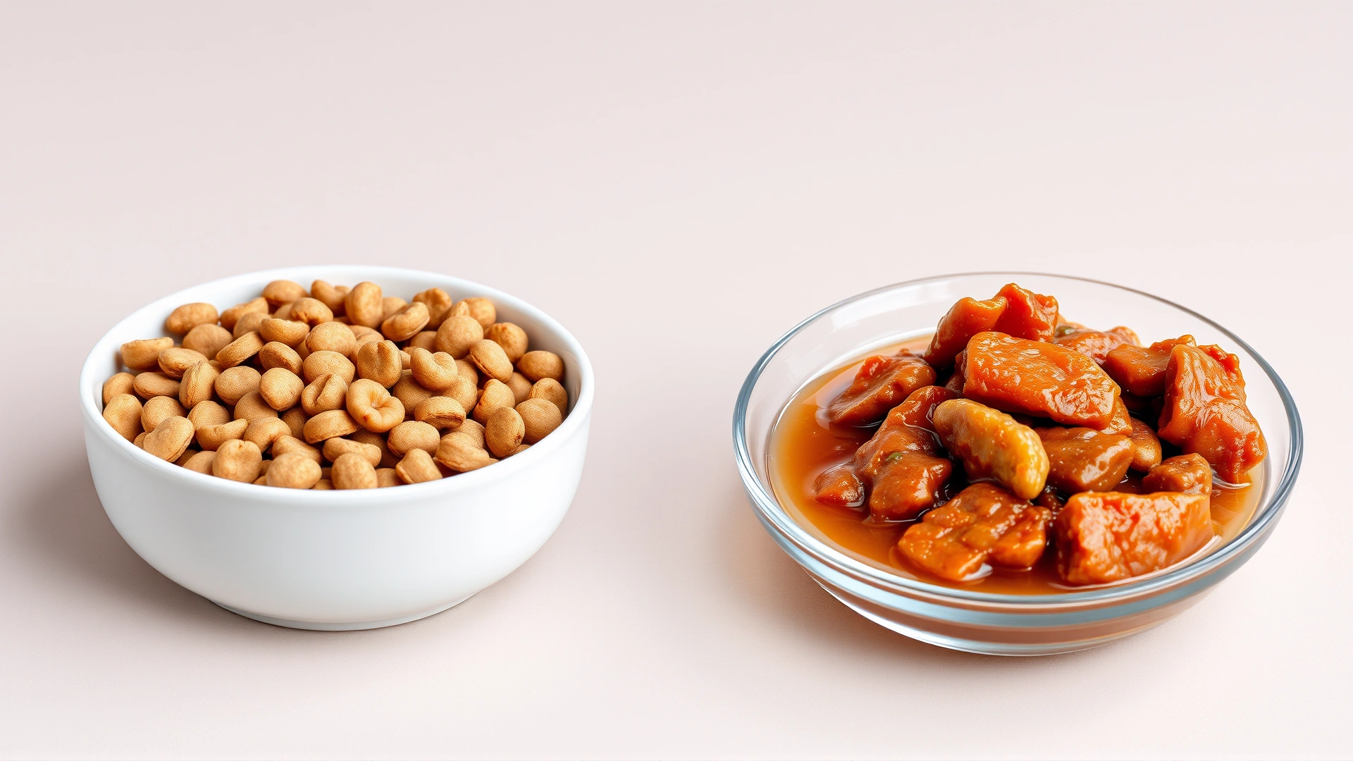 Side-by-side photo of a bowl of dry kitten kibble and a bowl of meaty wet cat food on a neutral background