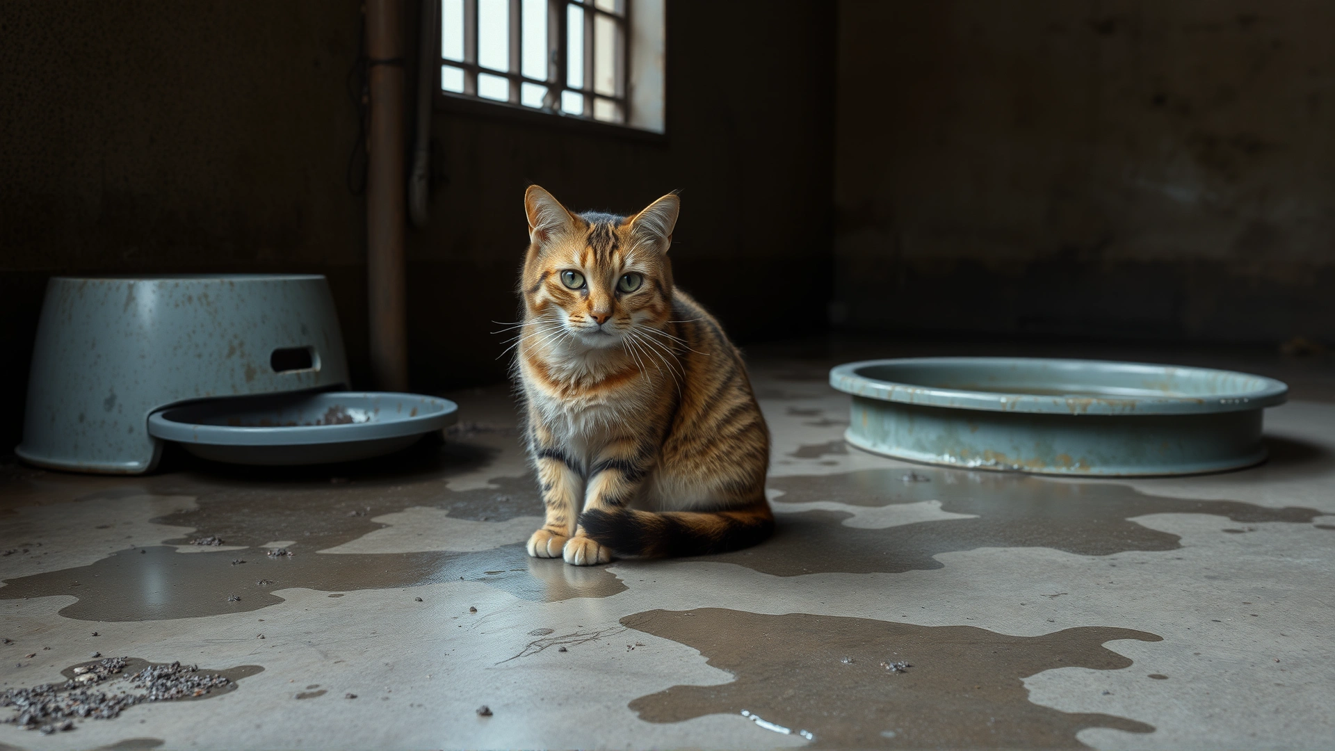 Indoor scene of a cat sitting on a damp, mud-stained floor near a water bowl in a poorly ventilated shelter