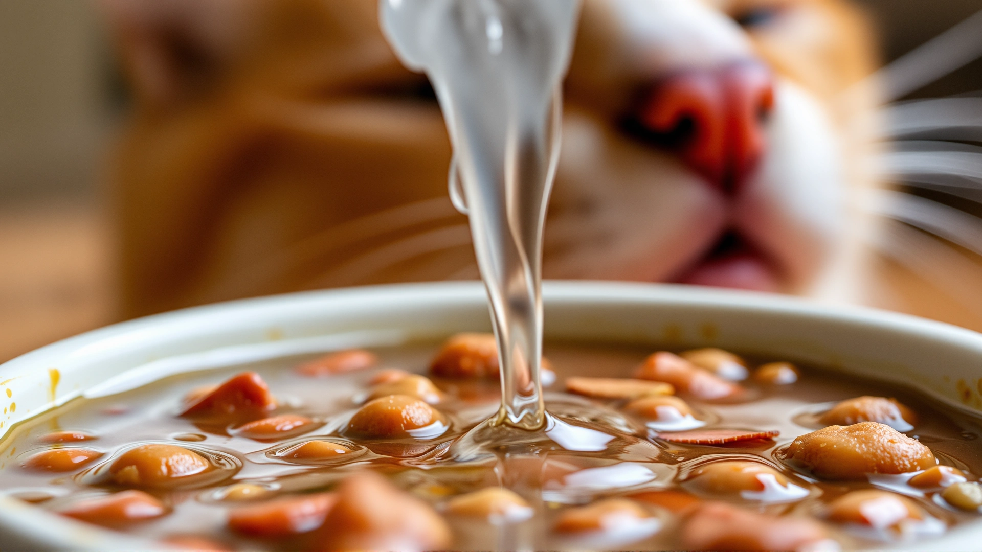 Close-up of wet canned cat food in a ceramic dish with added water, steam rising slightly, cat nose visible in background.