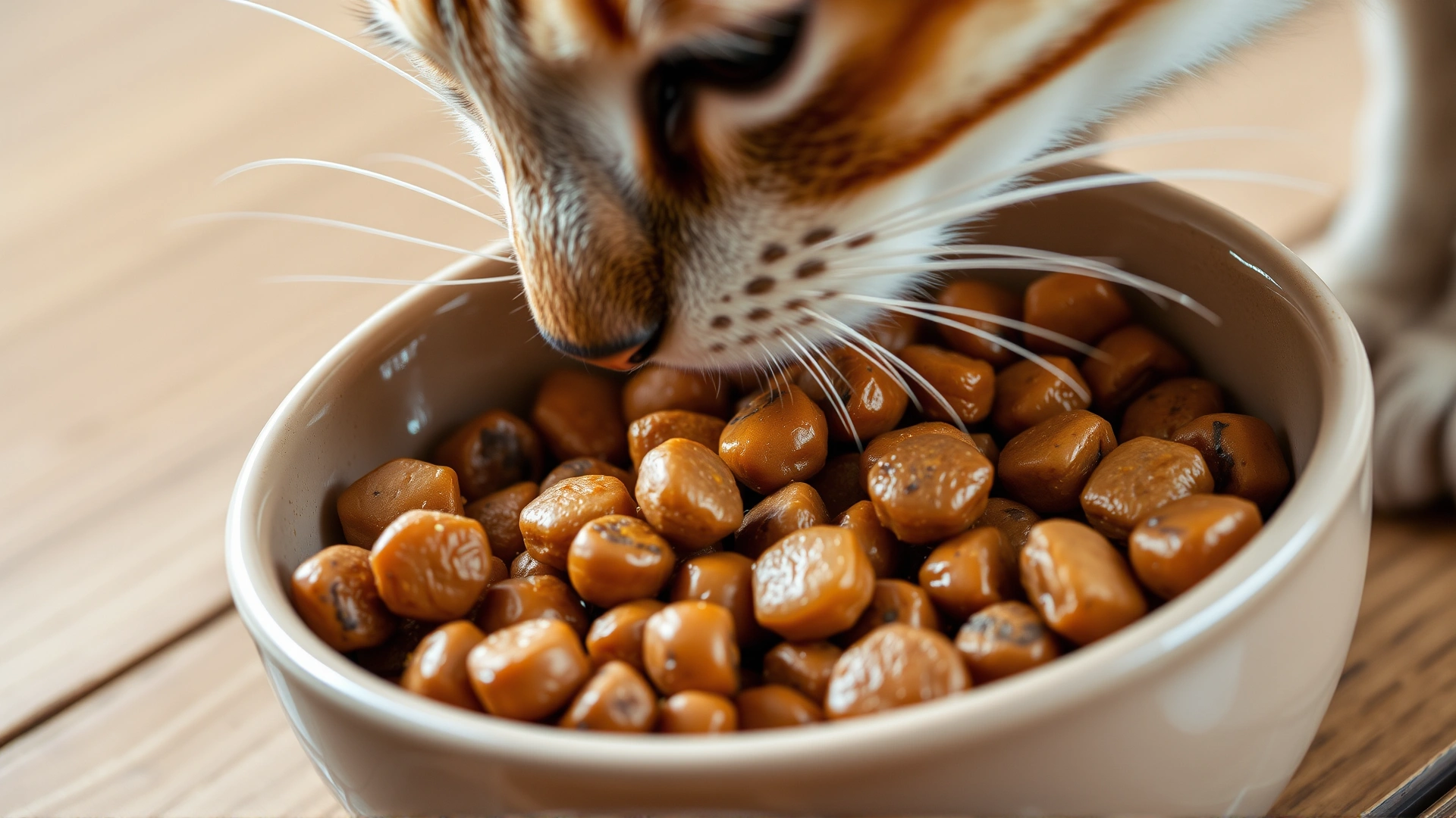 Close-up of a ceramic bowl filled with high-protein wet cat food on a wooden table, with a cat’s nose sniffing from the side