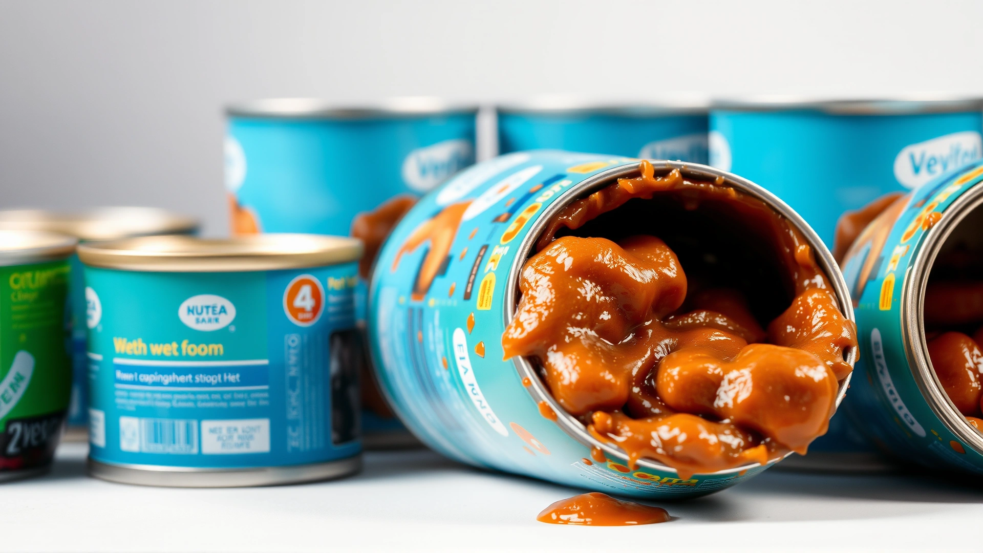 Close-up of opened wet dog food cans showing the moist texture, studio lighting