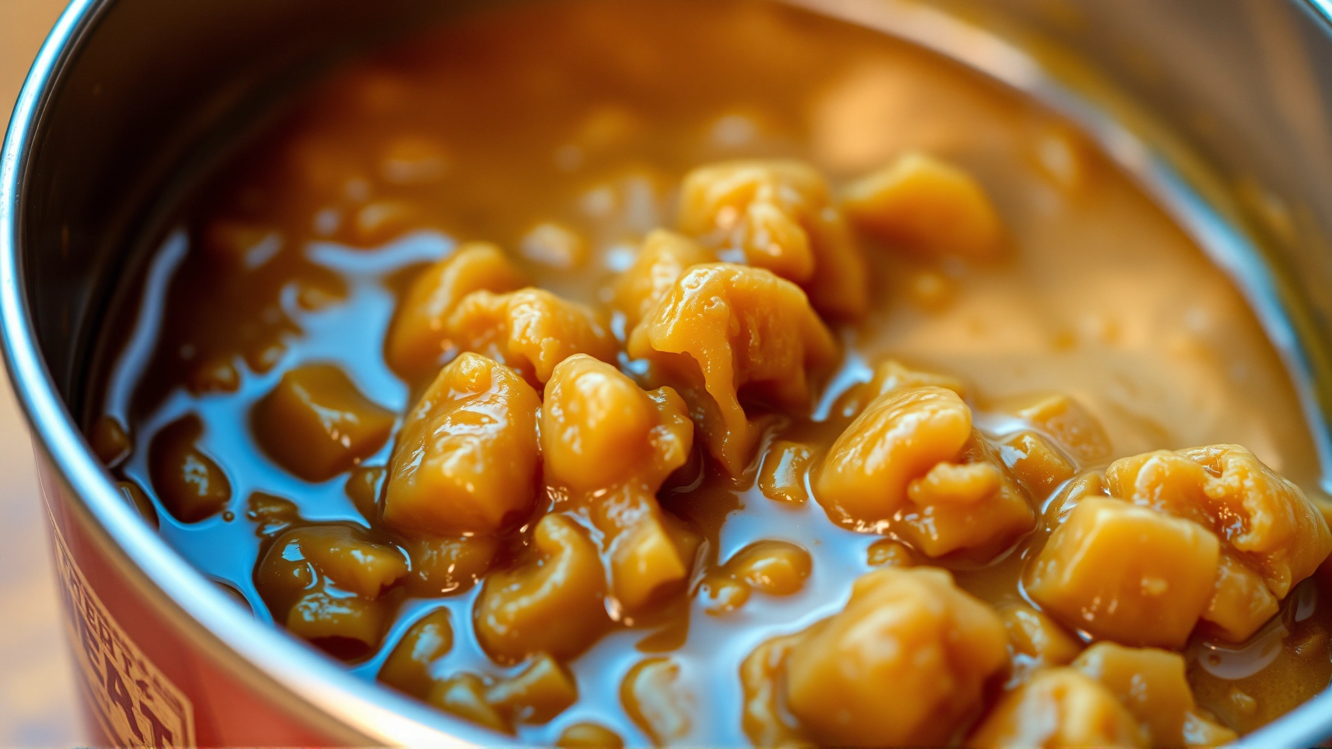 High-resolution macro photo of canned wet cat food showing its moist, chunky texture in a small stainless steel bowl.