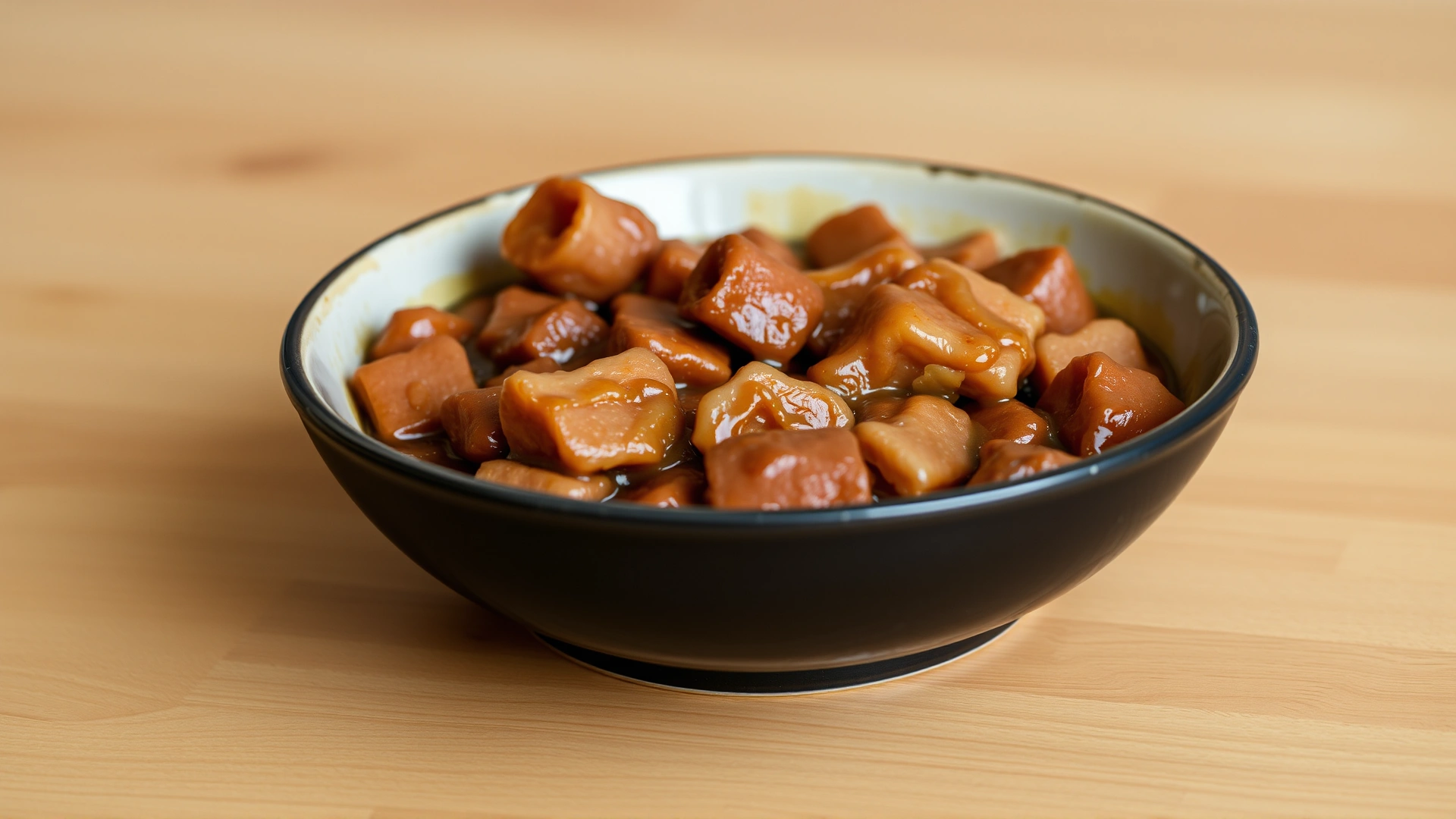 Bowl of appetizing wet cat food with visible chunks of meat and gravy, placed on a wooden surface