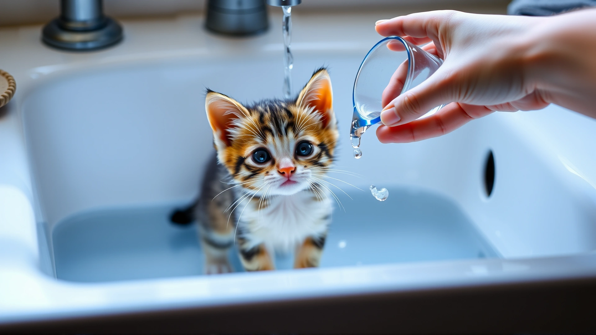 Young kitten standing in shallow warm water of a sink while an owner's hand gently pours water with a small cup