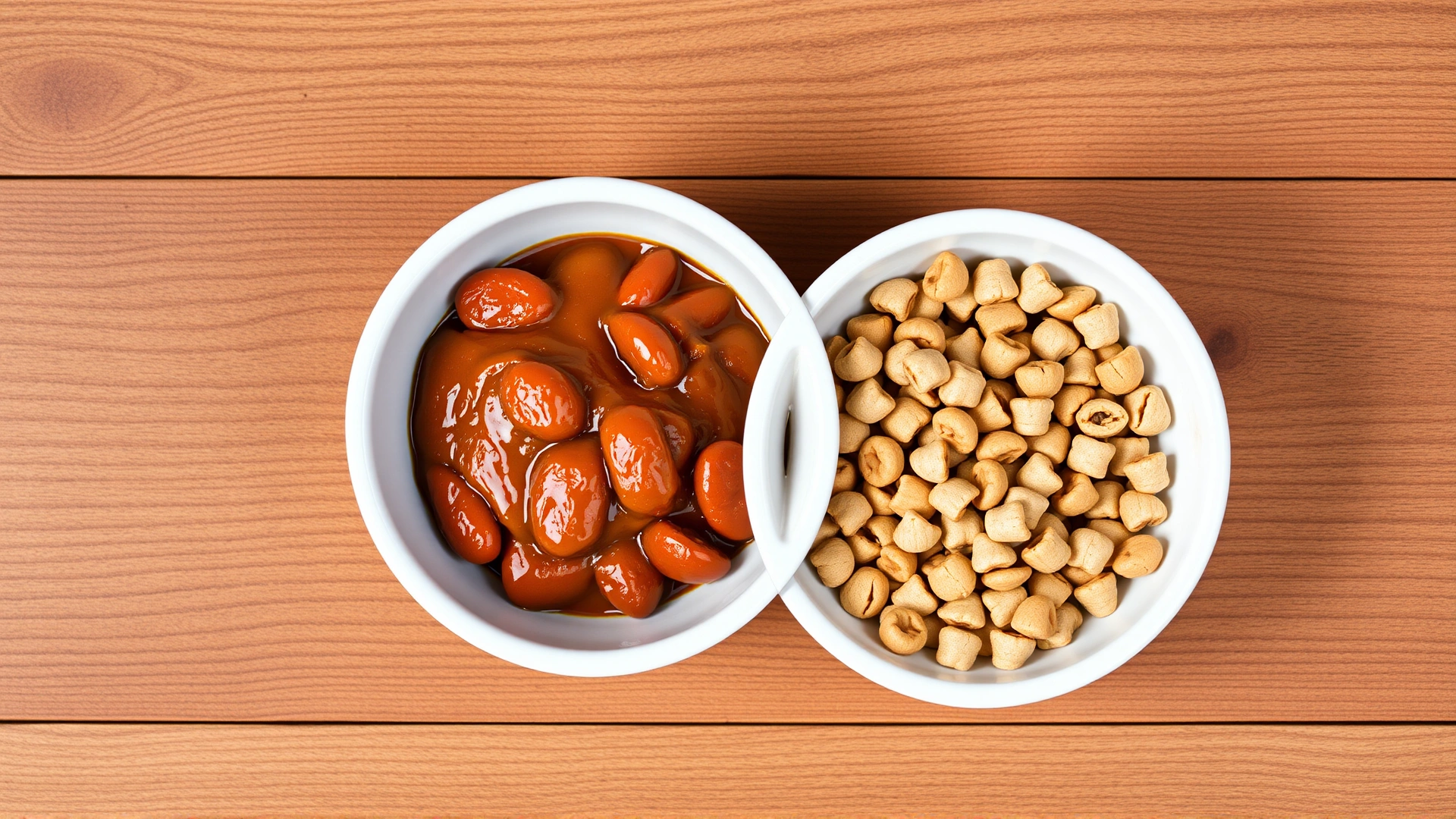 Side-by-side top view of wet canned cat food and dry kibble in matching ceramic bowls on a wooden table.