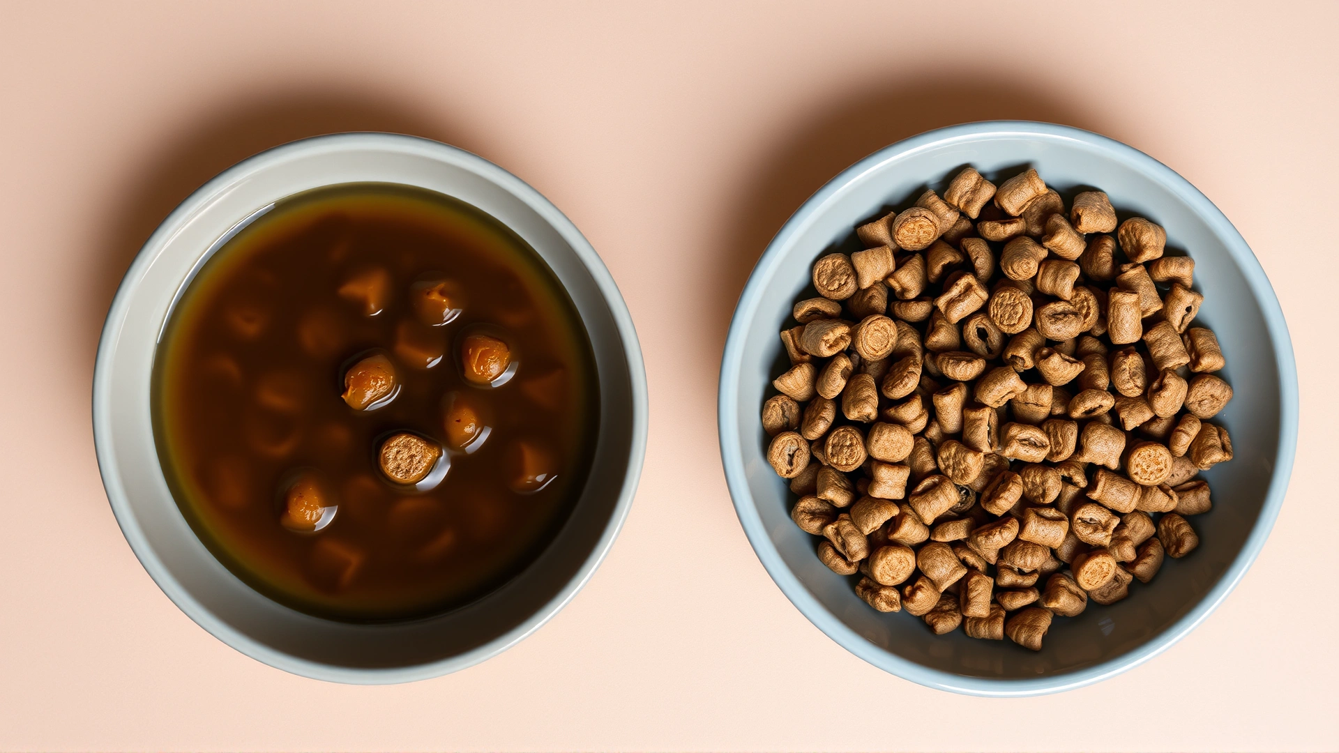 Split top-down image showing wet cat food in a dish on the left and dry kibble in a dish on the right, neutral background.