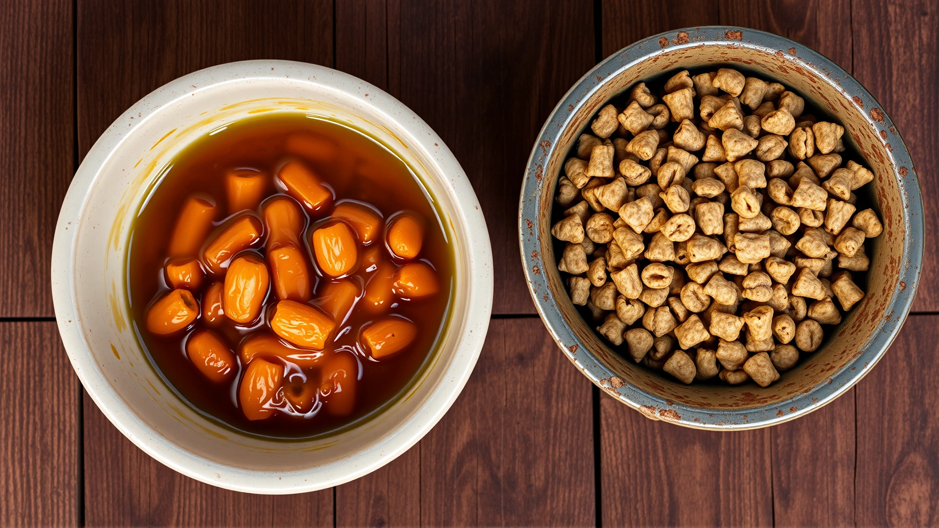 Top-down view of two bowls: one filled with moist canned dog food, the other with dry kibble, placed on a rustic wooden table.