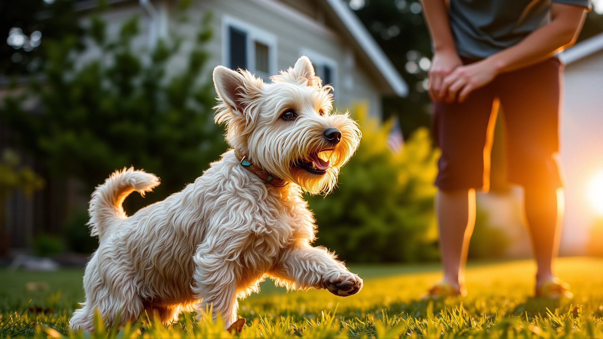 A Soft Coated Wheaten Terrier playing fetch with a young adult in a backyard during sunset
