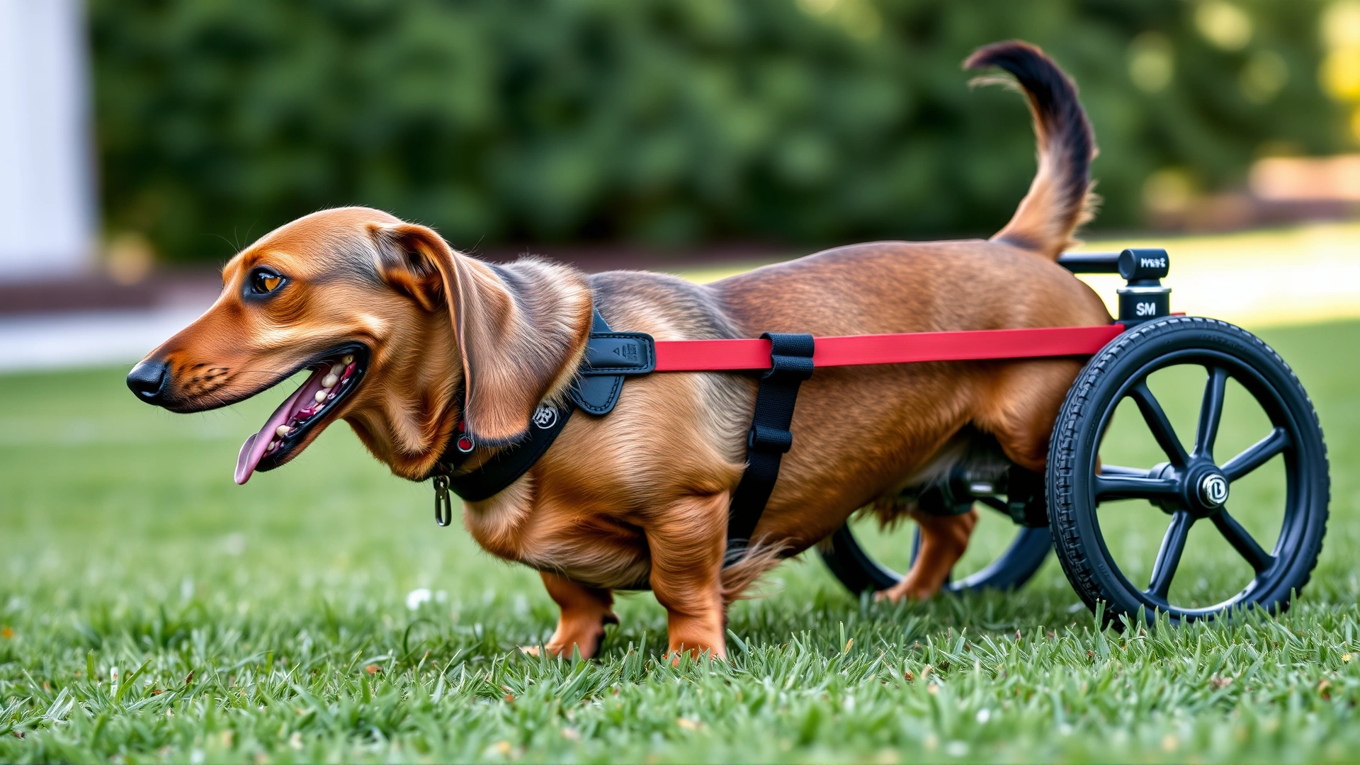 Senior dachshund outdoors on grass, using a custom rear-wheel wheelchair and wagging its tail confidently.