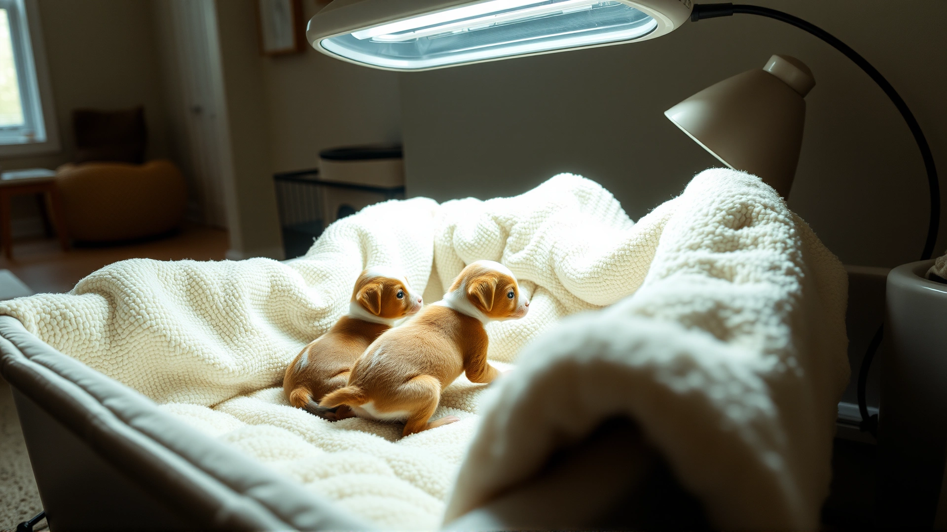 Prepared whelping box lined with soft towels and heat lamp in a quiet corner of a home