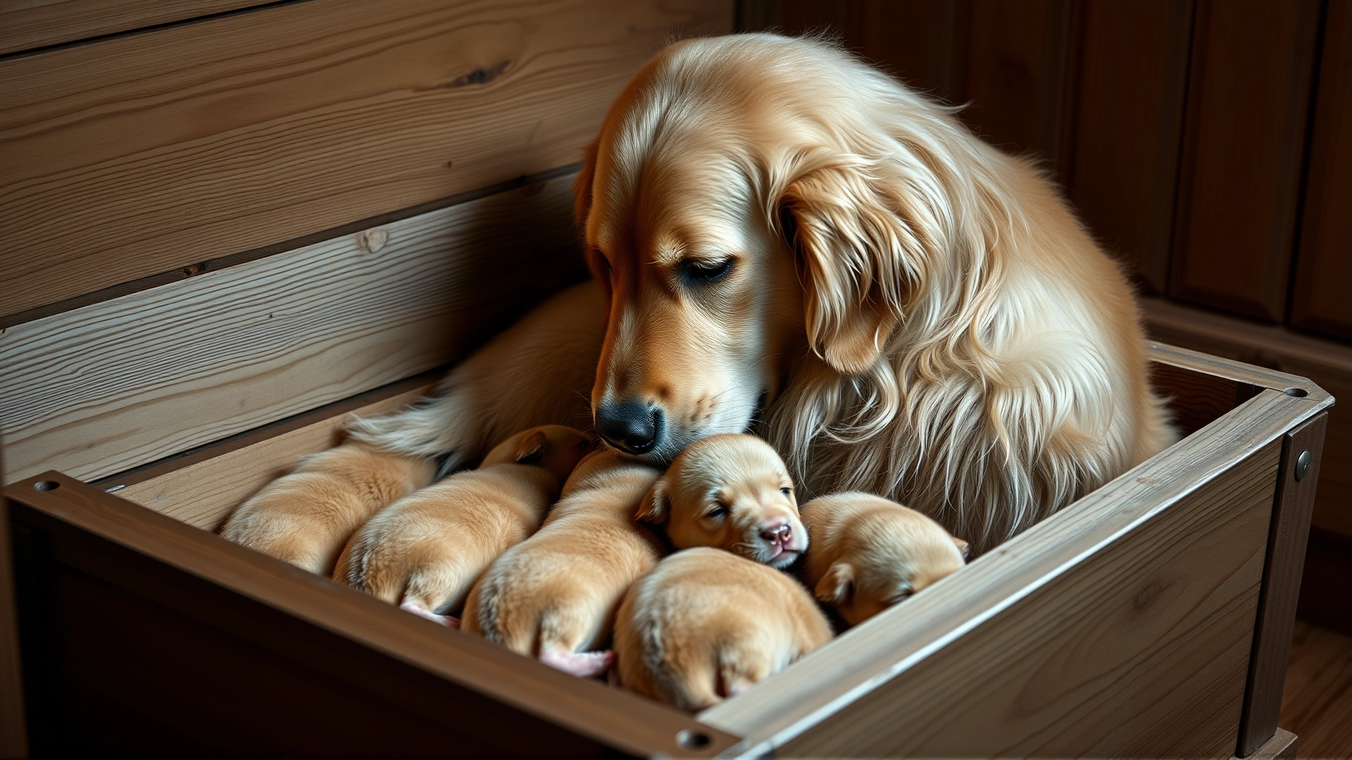 Mother Golden Retriever inside a wooden whelping box gently licking her newborn puppies, warm indoor lighting.