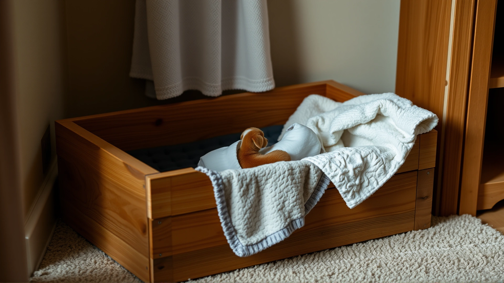 Wooden whelping box prepared with clean towels and a heating pad placed in a quiet home corner, photographed from a slightly elevated angle