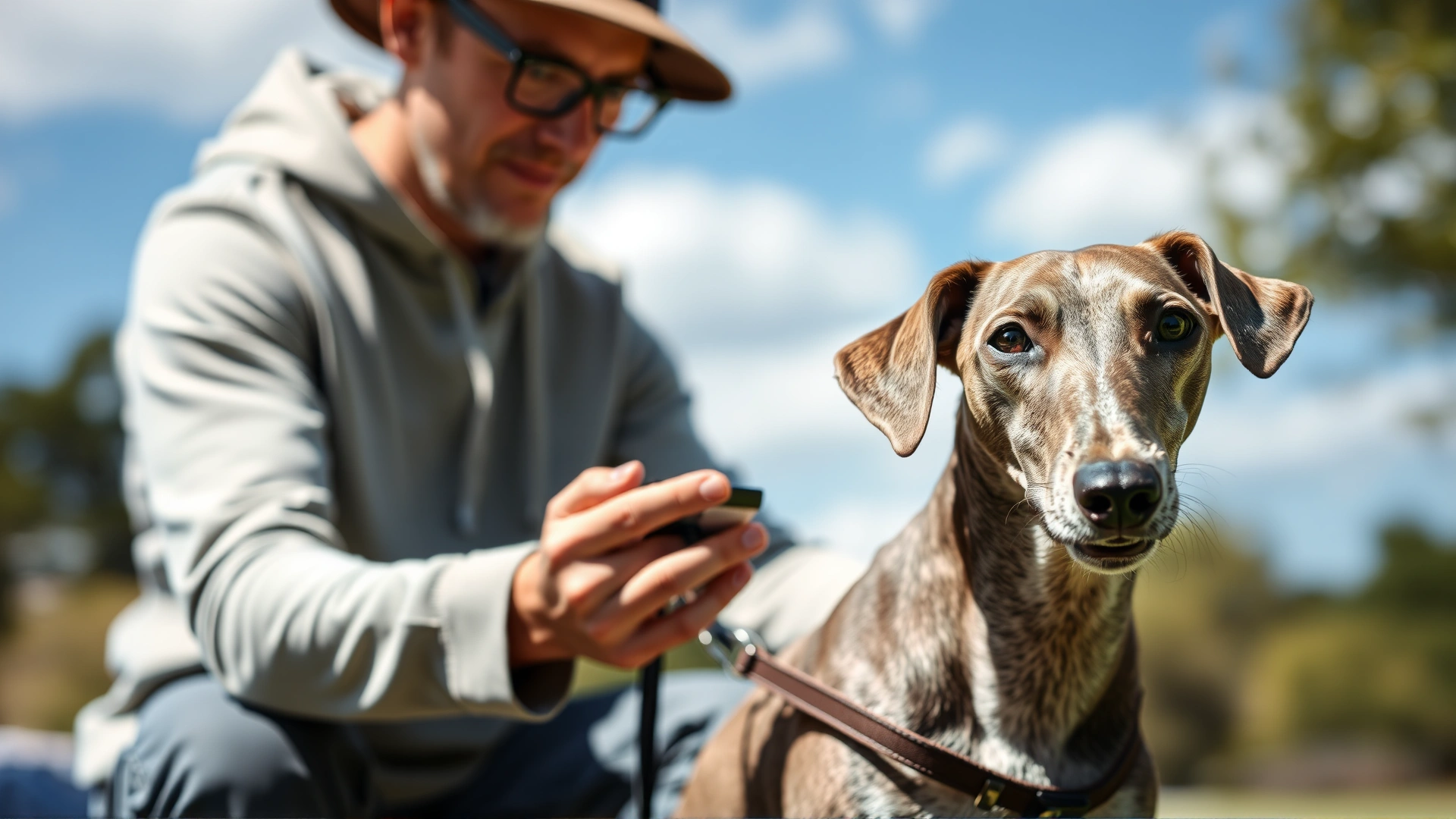 Owner gently brushing short coat of a whippet dog outdoors on a sunny day.