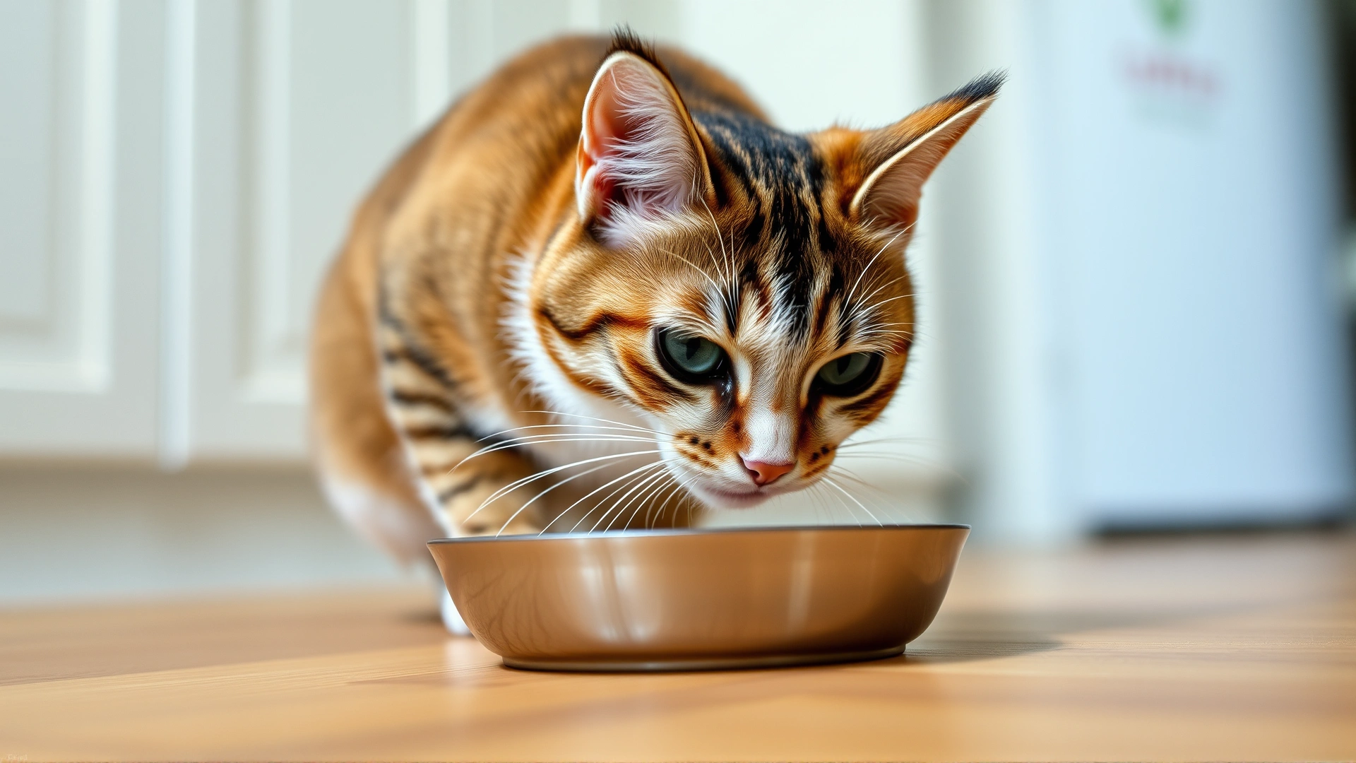 Domestic cat hesitating in front of a narrow stainless-steel food bowl, whiskers visibly touching the rim, kitchen environment