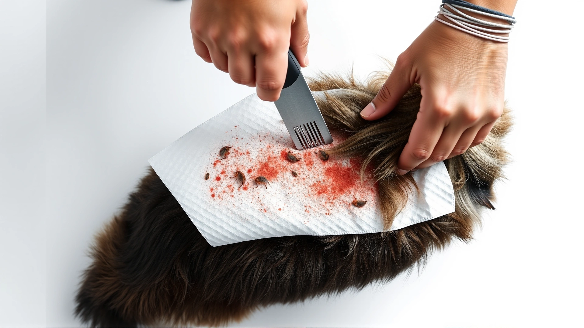 Pet owner combing dog's fur over a white paper towel with visible reddish stains indicating flea dirt, shot from above, clean bright background