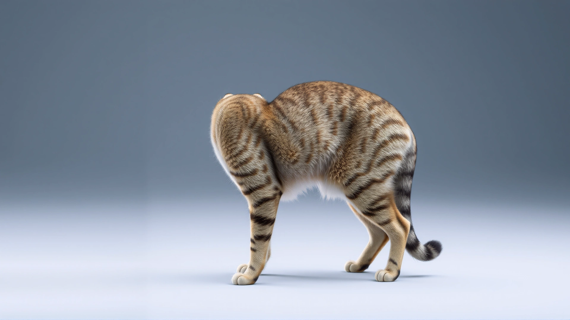 Full-body shot of a cat standing rigidly in a ‘sawhorse’ stance with arched back, neutral background, clear focus on posture