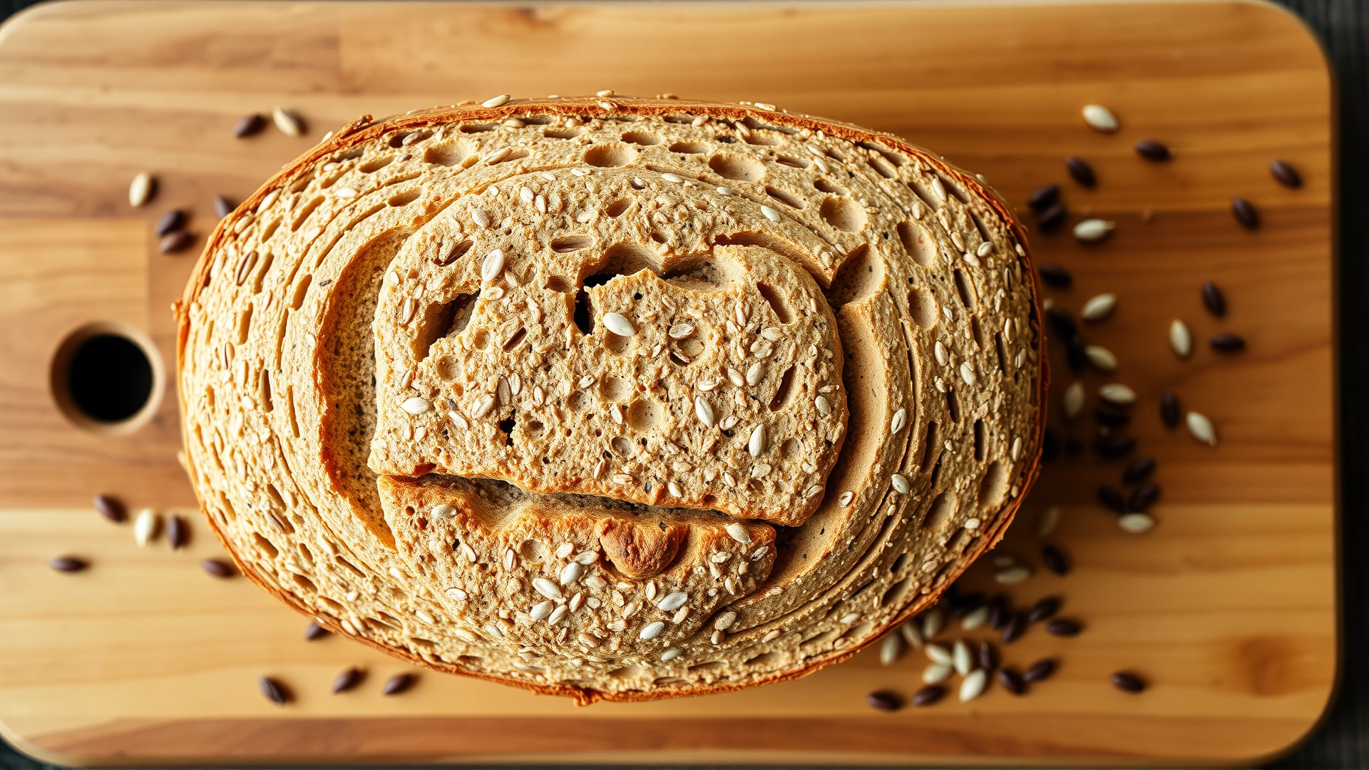 Top-view of a sliced loaf of whole-grain bread on a wooden board with scattered seeds and grains.
