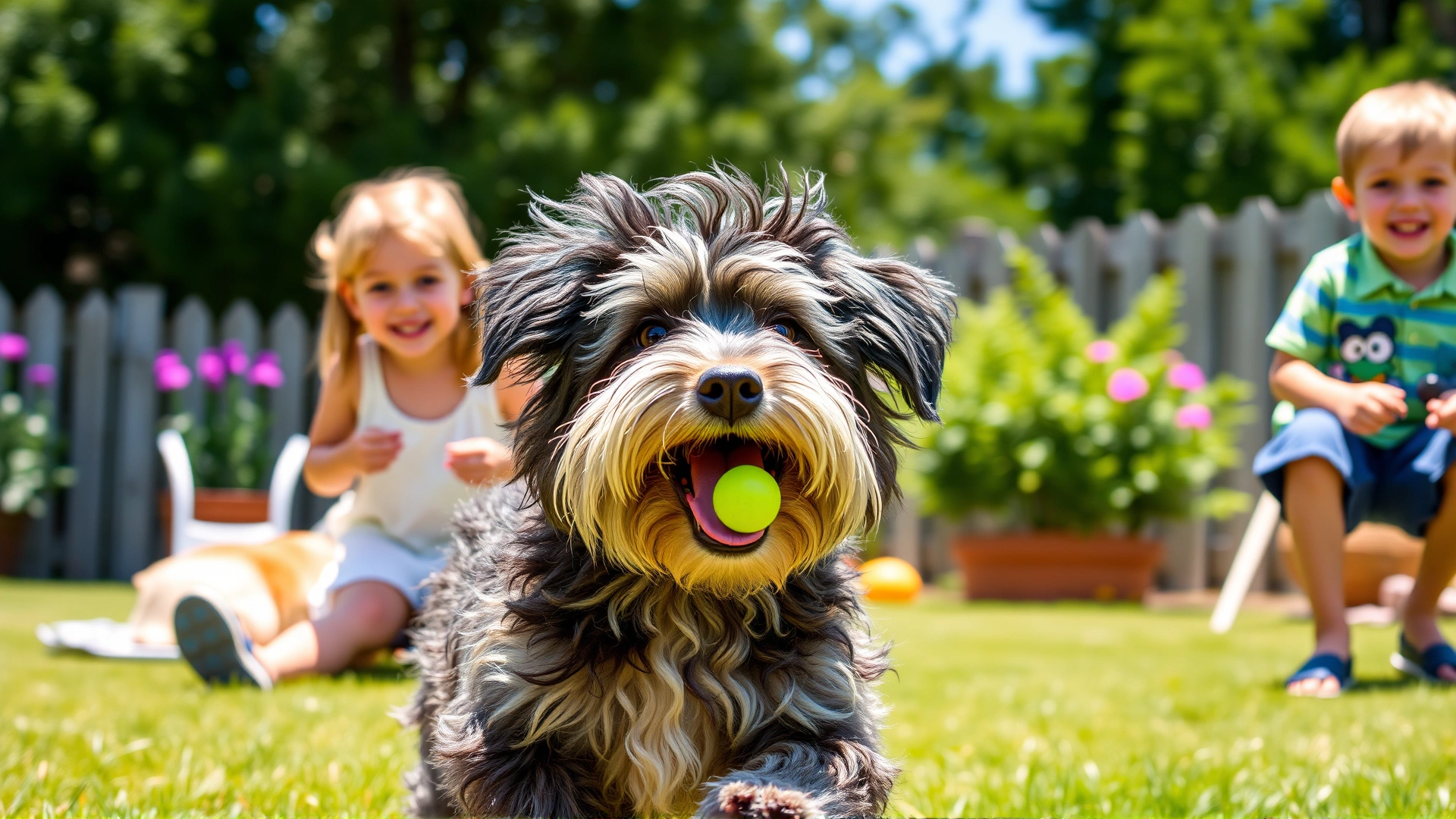 A happy Whoodle playing fetch with two smiling children in a backyard, mid-action, bright sunny day, no text.