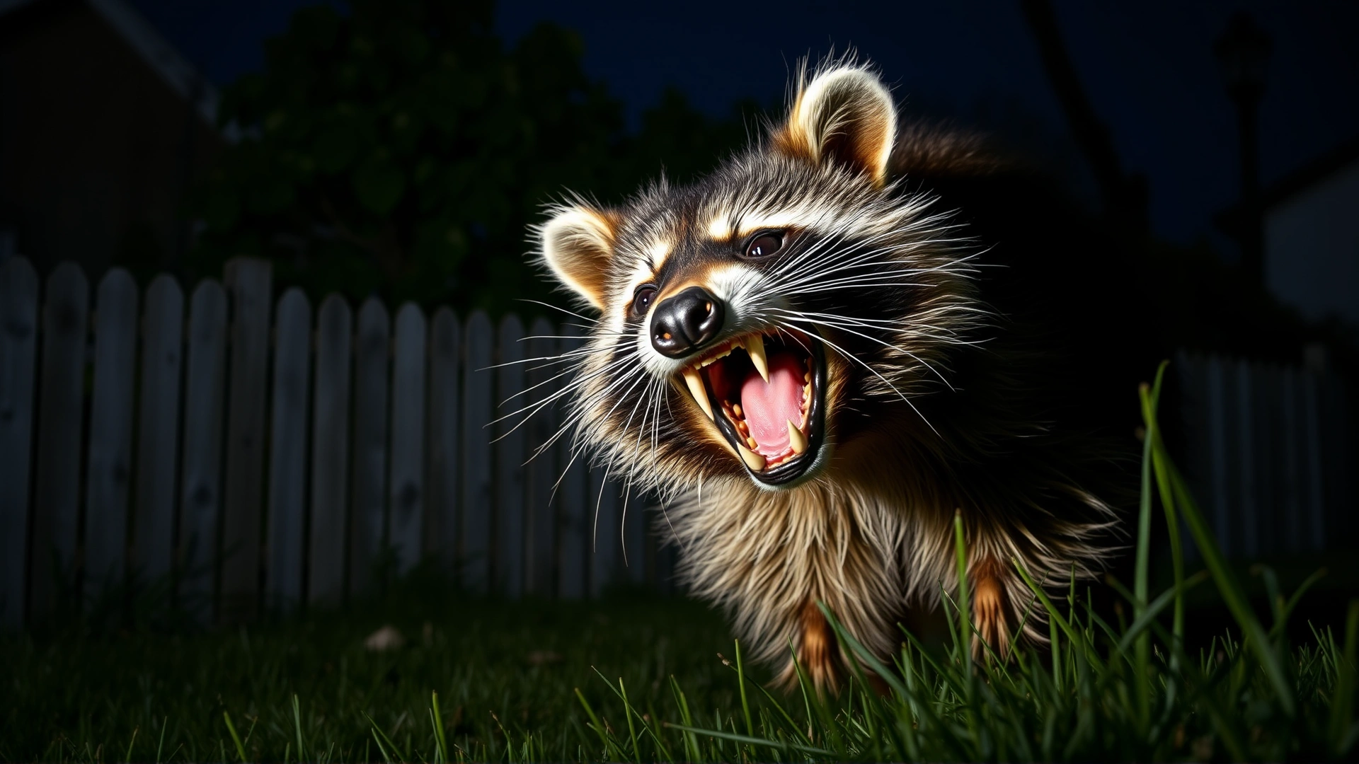 Wild raccoon baring its teeth at night near a backyard fence, representing a common rabies carrier, dramatic lighting, no text