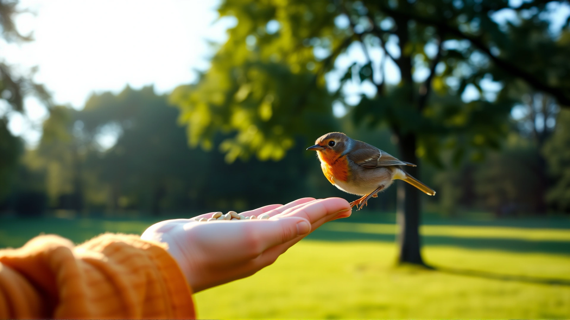 Child’s outstretched hand offering sunflower seeds to a wild robin in a green park, early morning sunlight, warm tone.
