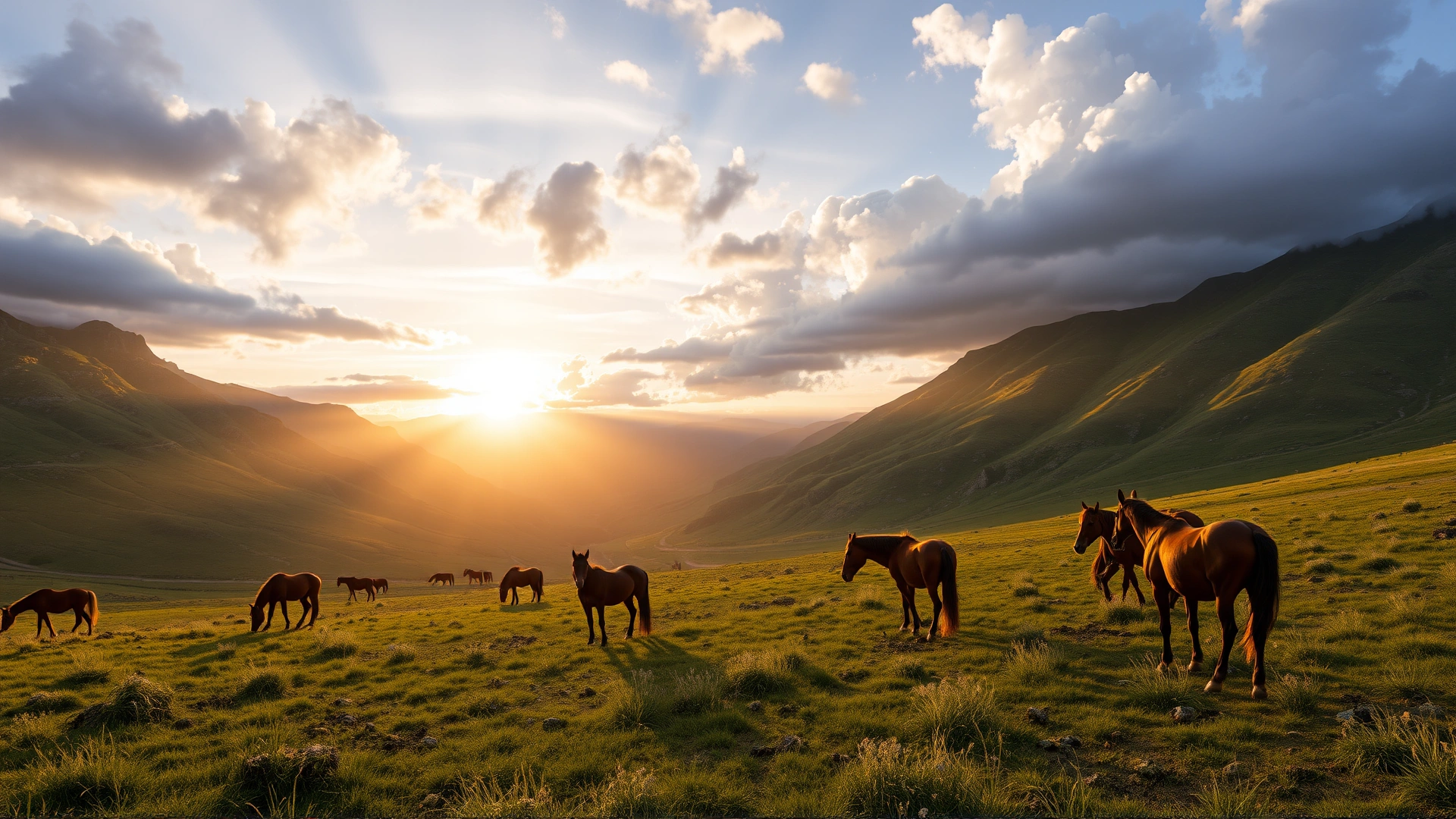 Panoramic view of wild horses grazing in a vast mountain valley during sunset with dramatic clouds, no text