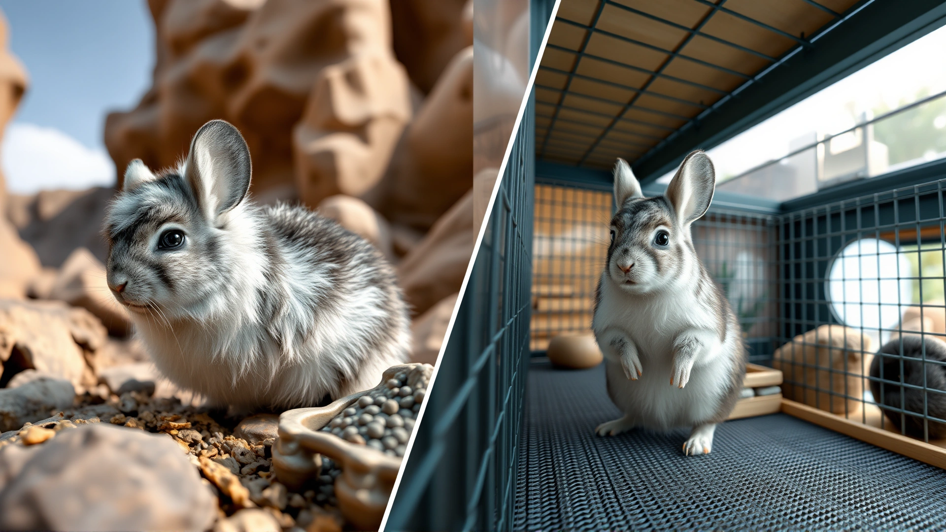 Split-view comparison: a chinchilla in a rocky Andean habitat on the left and a chinchilla in a spacious indoor cage on the right