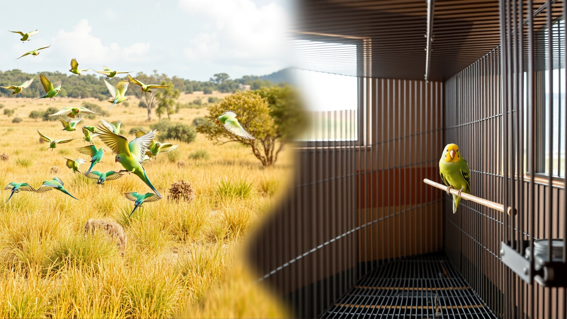 Split-style image: left side shows a small flock of parakeets flying over Australian grasslands, right side shows a single parakeet inside a spacious indoor cage, both halves blended seamlessly