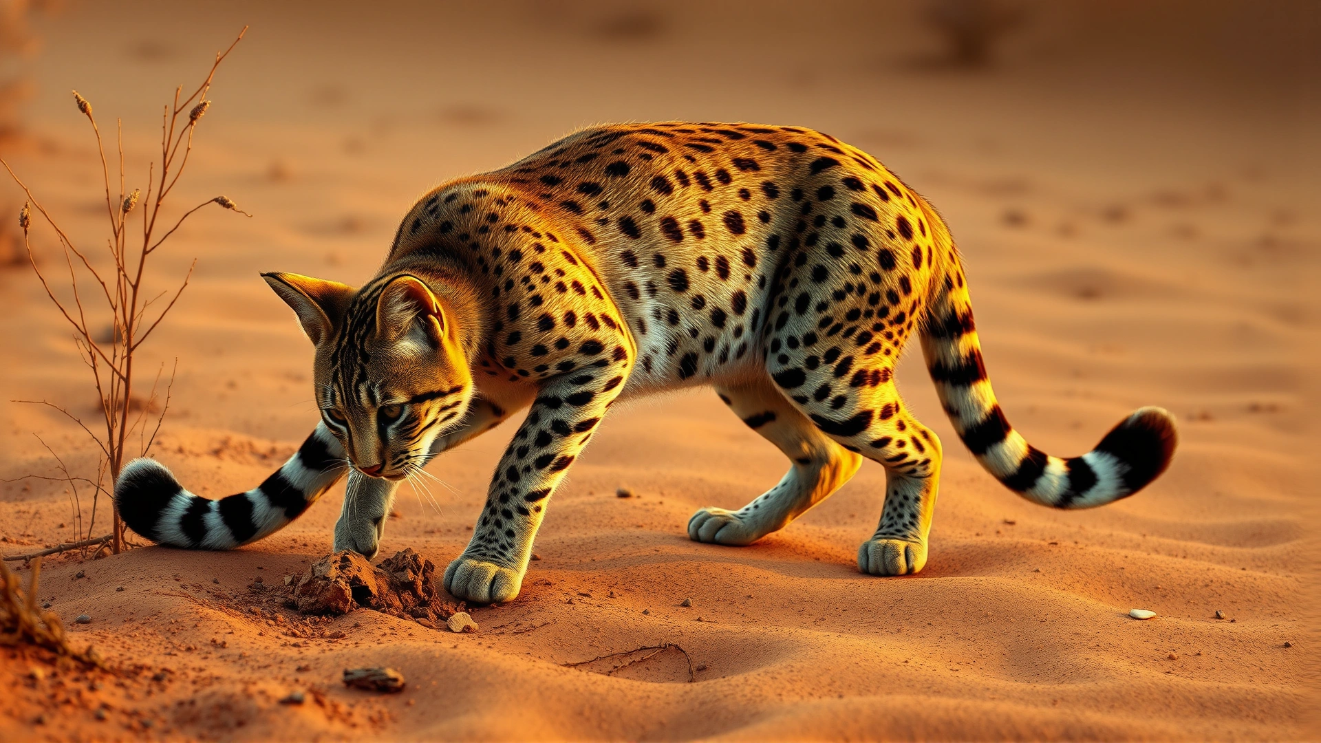 Illustration of an African wildcat in a sandy desert environment pawing at the ground to cover its droppings, warm sunset lighting