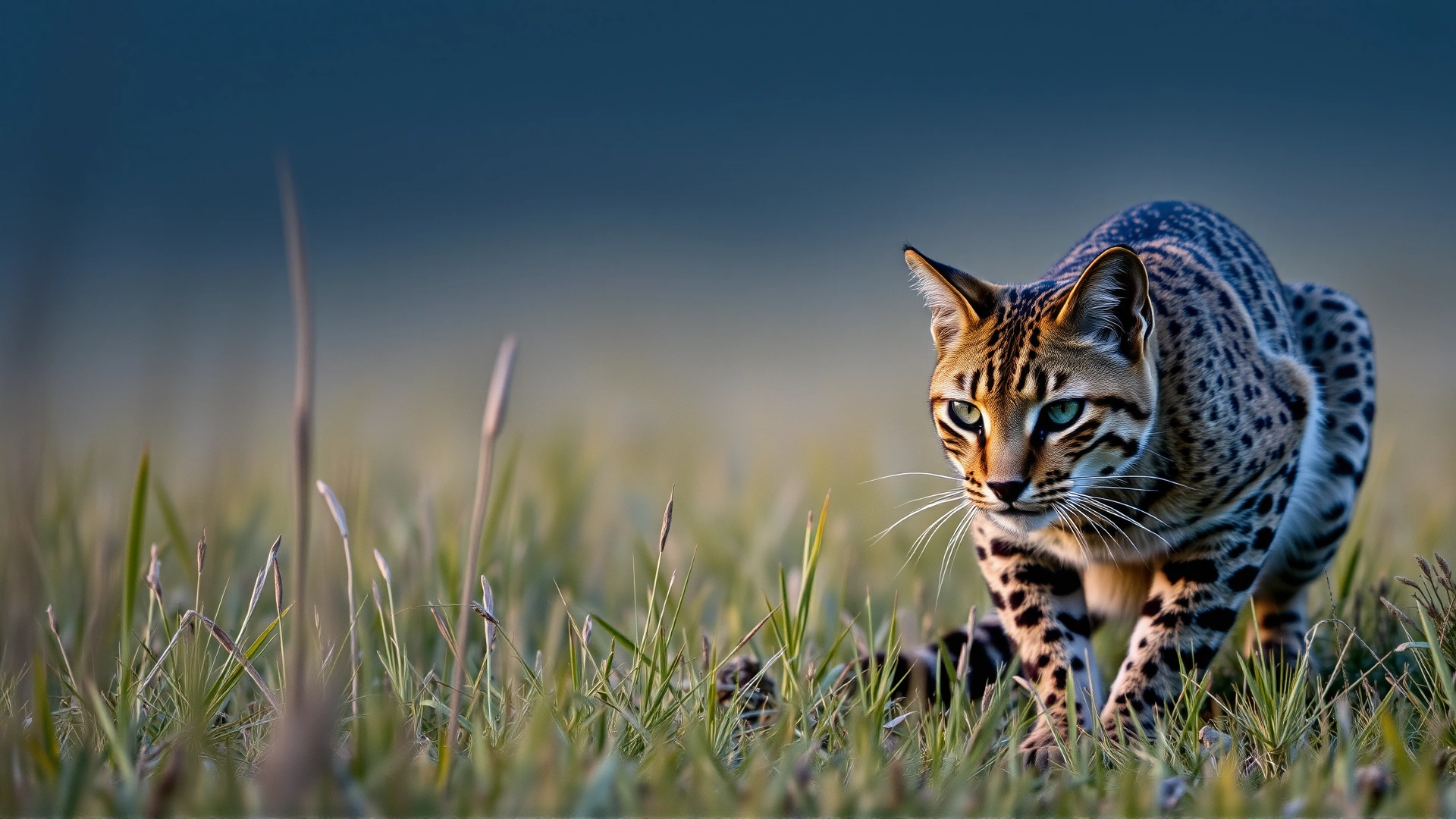 An African wildcat crouching in tall grass at dusk, ready to pounce on prey, demonstrating ancestors' hunting behavior.