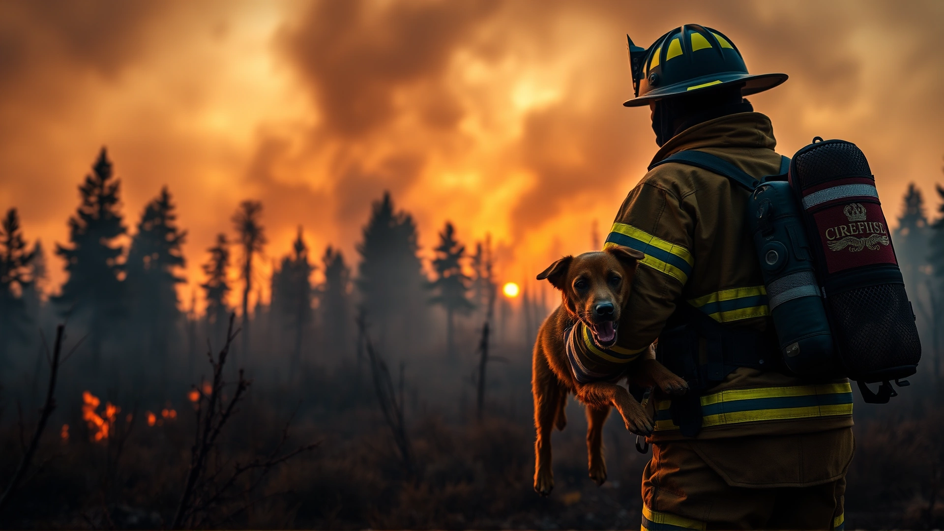 Firefighter carrying a medium-sized dog away from a blazing forest with thick smoke billowing in the background at sunset.