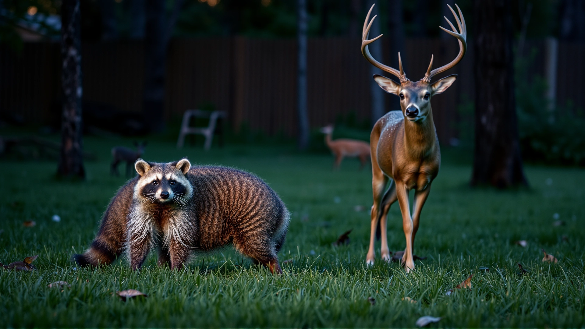 Raccoon and deer standing in a wooded backyard at dusk, highlighting wildlife as tick carriers.