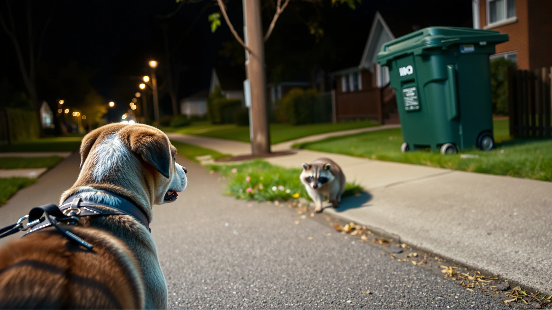 Dog on leash spotting a raccoon near trash cans on a suburban street at night