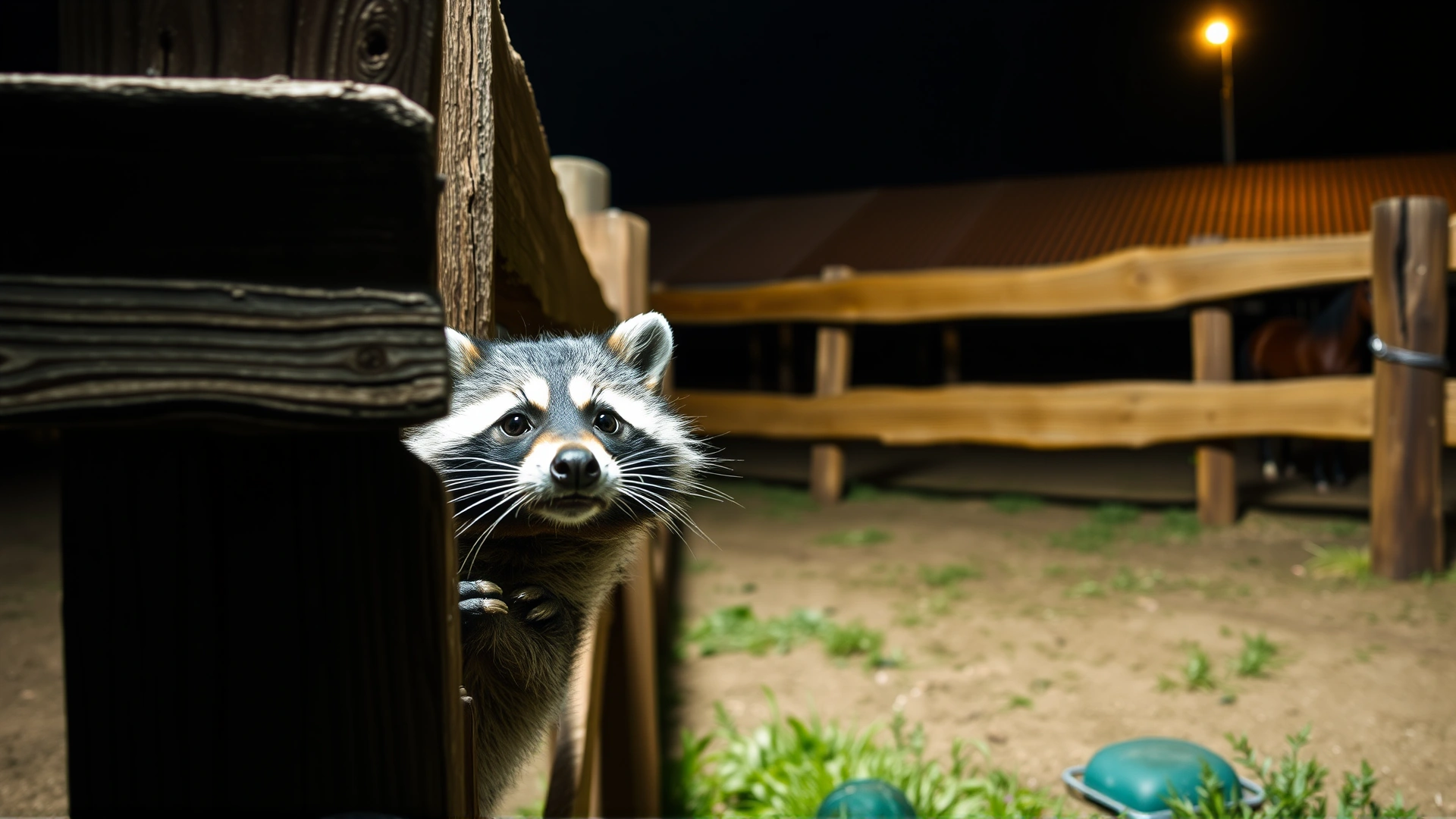 A curious raccoon peeking through a wooden fence near a horse paddock at night, representing wildlife reservoir of rabies, realistic photo