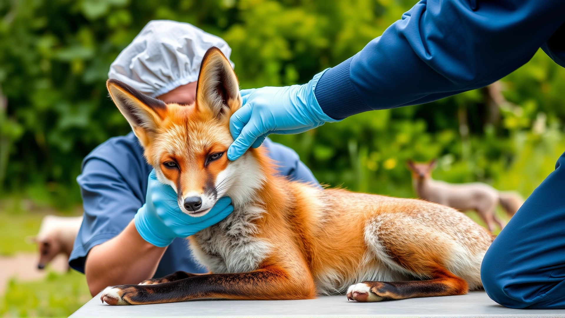 Wildlife veterinarian treating a tranquilized wild fox outdoors at a rehabilitation center, lush greenery background.