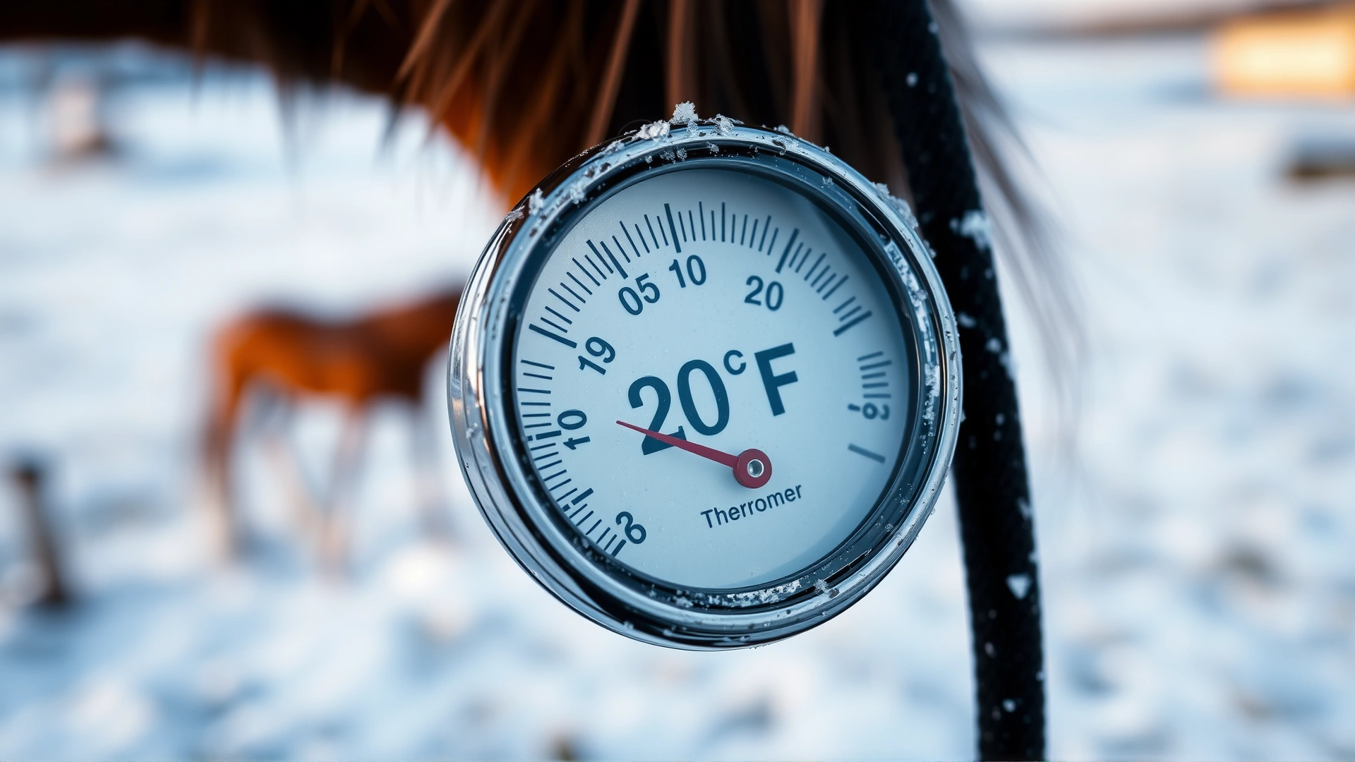 Close-up of a mercury thermometer showing 20°F with a blurred background of a frosty paddock, illustrating wind-chill conditions during winter horse riding.