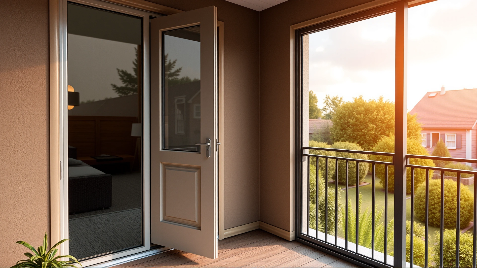 Open balcony door with garden outside and warm summer breeze, visualizing an easy entry point for fleas.