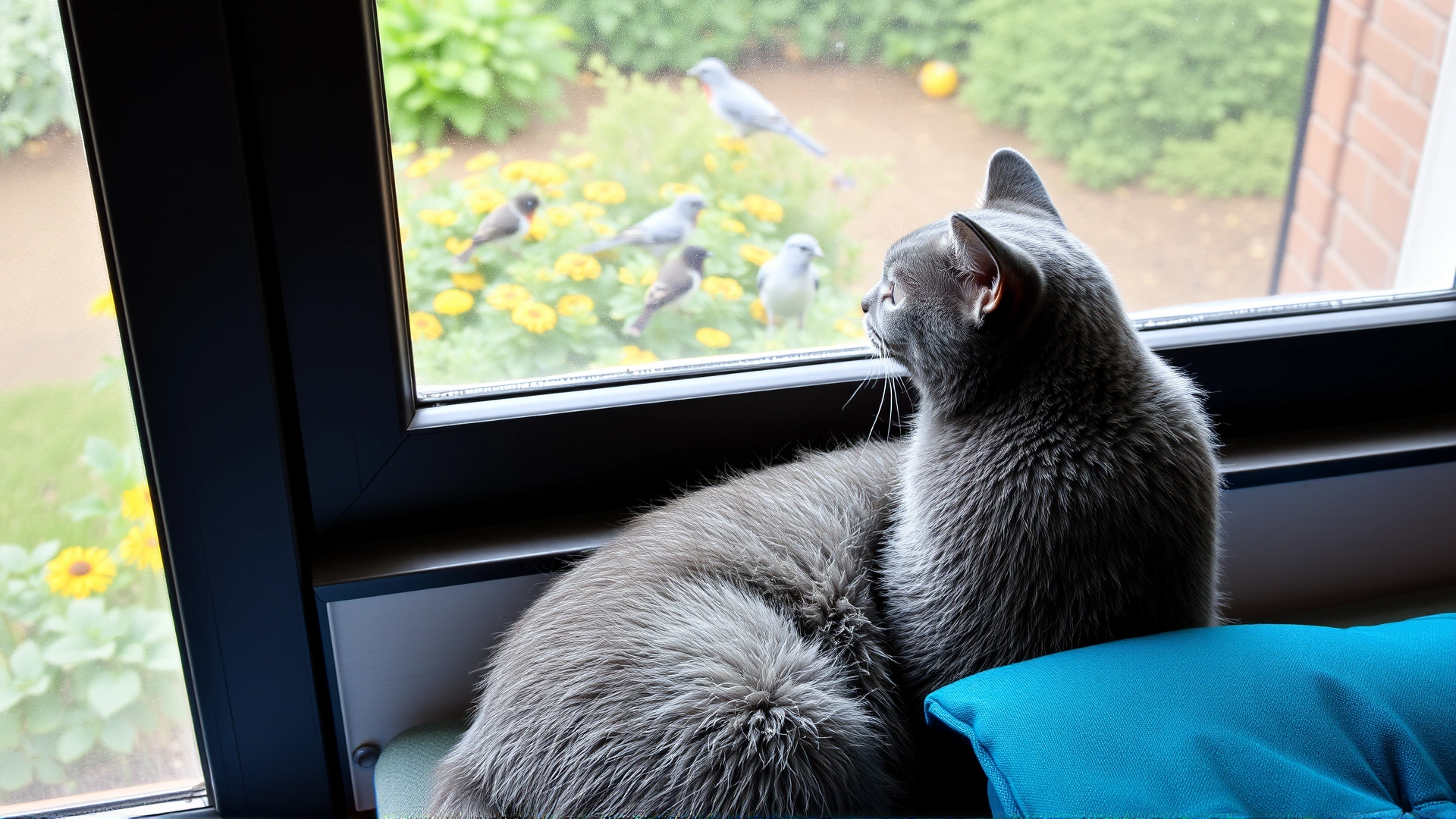 Grey senior cat perched on a padded window seat, gazing outside at birds in a garden, presenting mental stimulation through viewing.