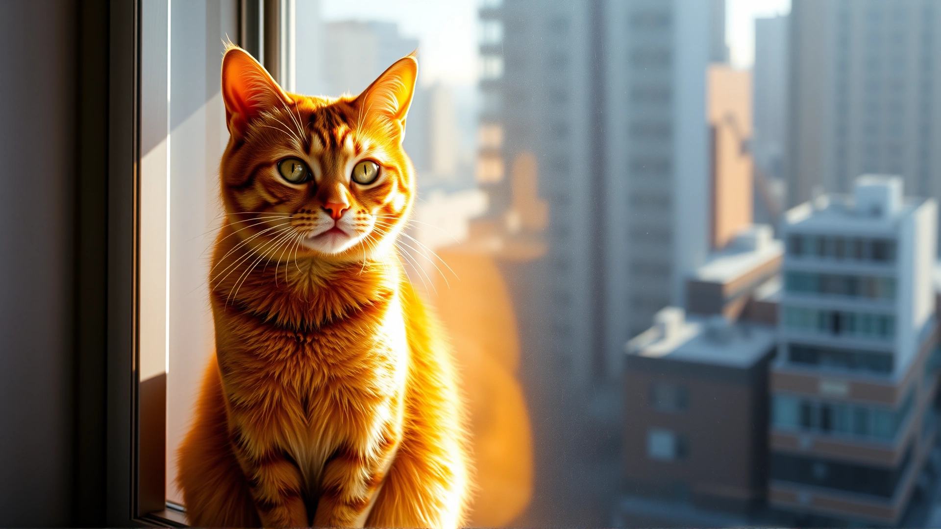 Orange cat sitting comfortably on a window perch, sunlight streaming in, cityscape background